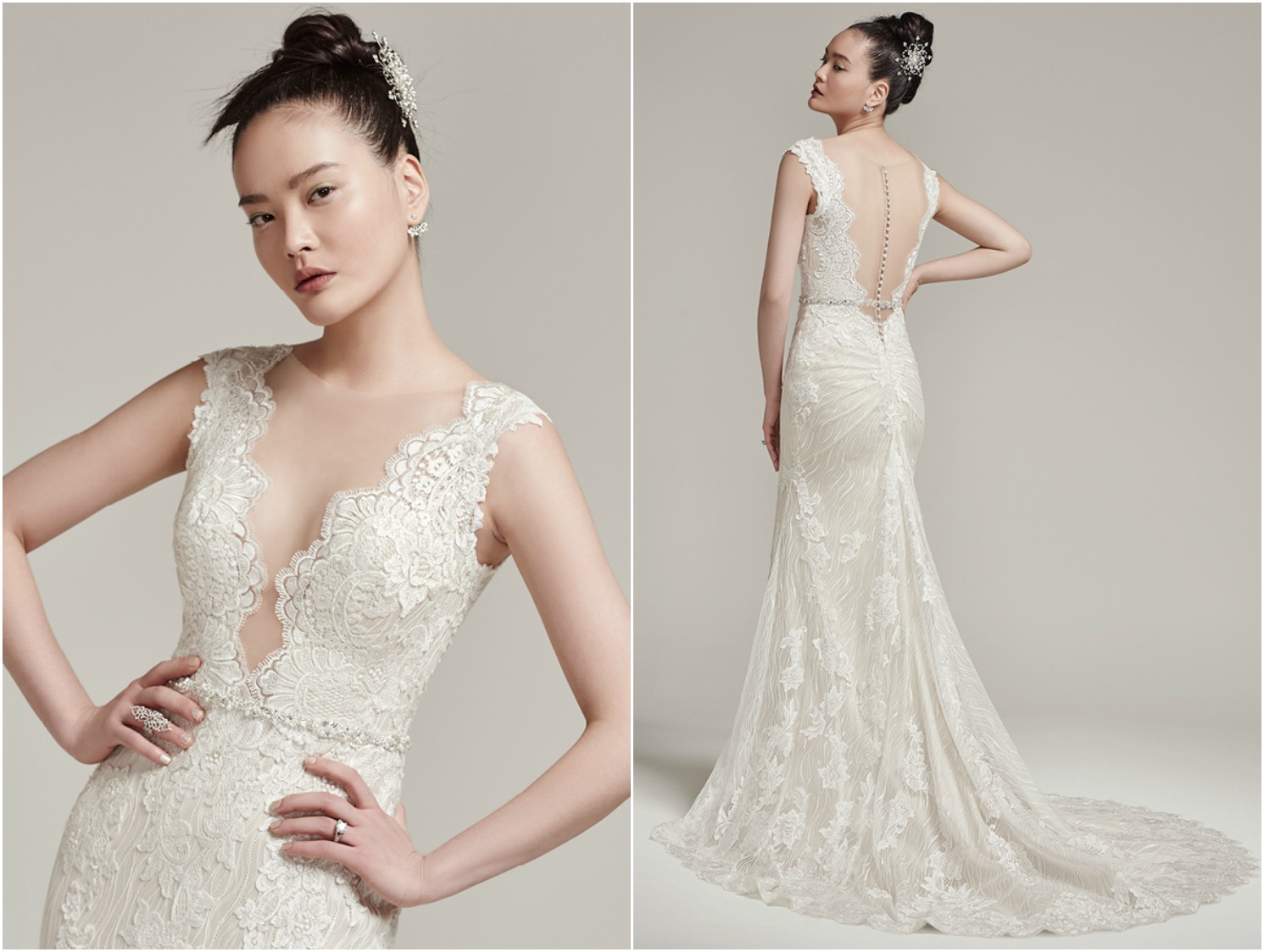 Sophisticated and effortlessly glamorous, this modern lace sheath wedding dress flaunts a sexy, plunging illusion neckline, beaded belt, and lace cap-sleeves. Complete with illusion back with ruched details. Finished with pearl buttons over zipper closure.
<a href="https://www.maggiesottero.com/sottero-and-midgley/wyatt/9890" target="_blank">Sottero & Midgley</a>