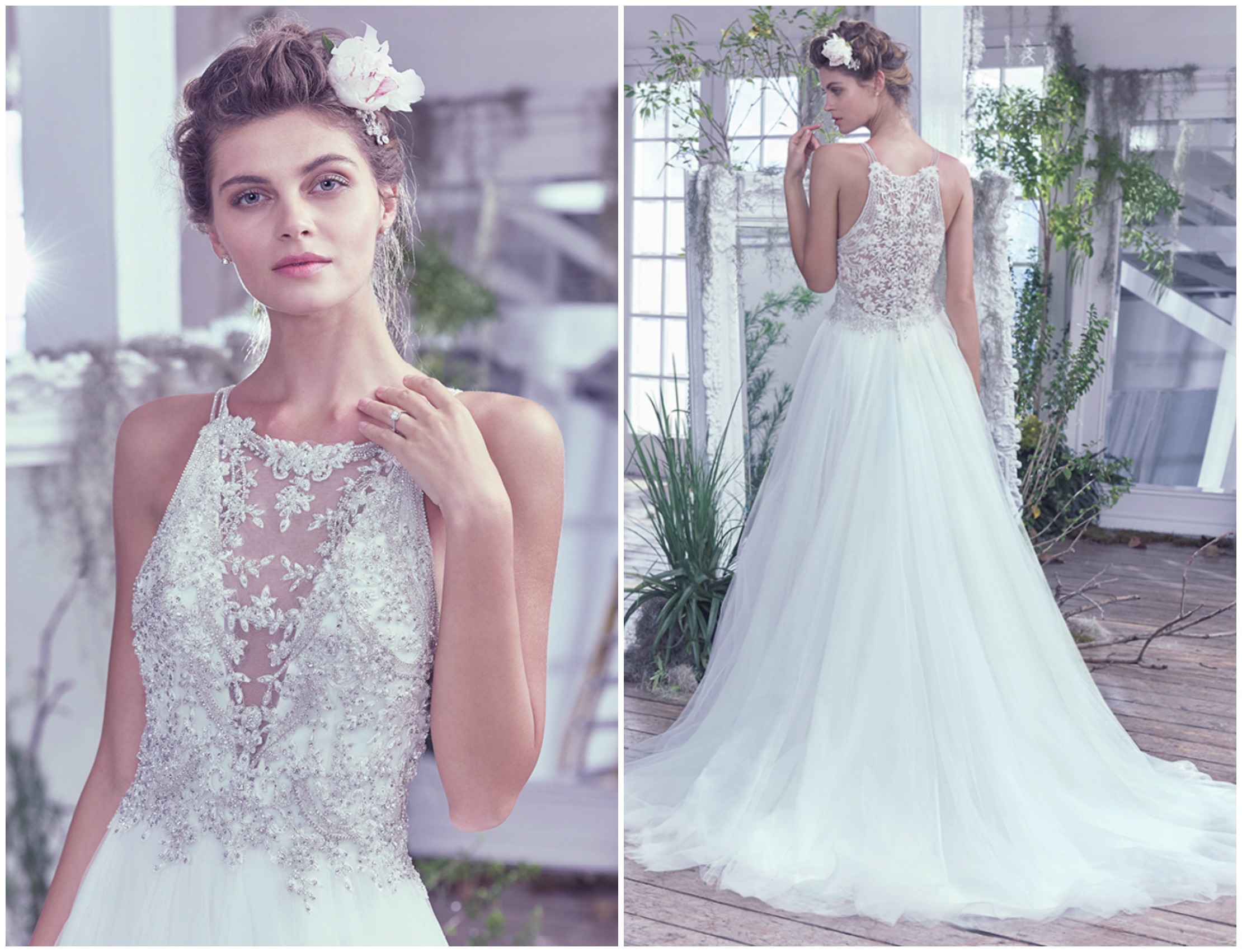 Drama is achieved through an artfully designed illusion back adorned with stunning beaded lace motifs. Delicate jeweled spaghetti straps accent the shoulder, while the plunging V-illusion neckline is also ornamented with Swarovski crystals and embroidered lace. This ball gown wedding dress features a voluminous tulle skirt and is finished with crystal buttons over zipper closure.
<a href="https://www.maggiesottero.com/maggie-sottero/lisette/9684" target="_blank">Maggie Sottero</a>