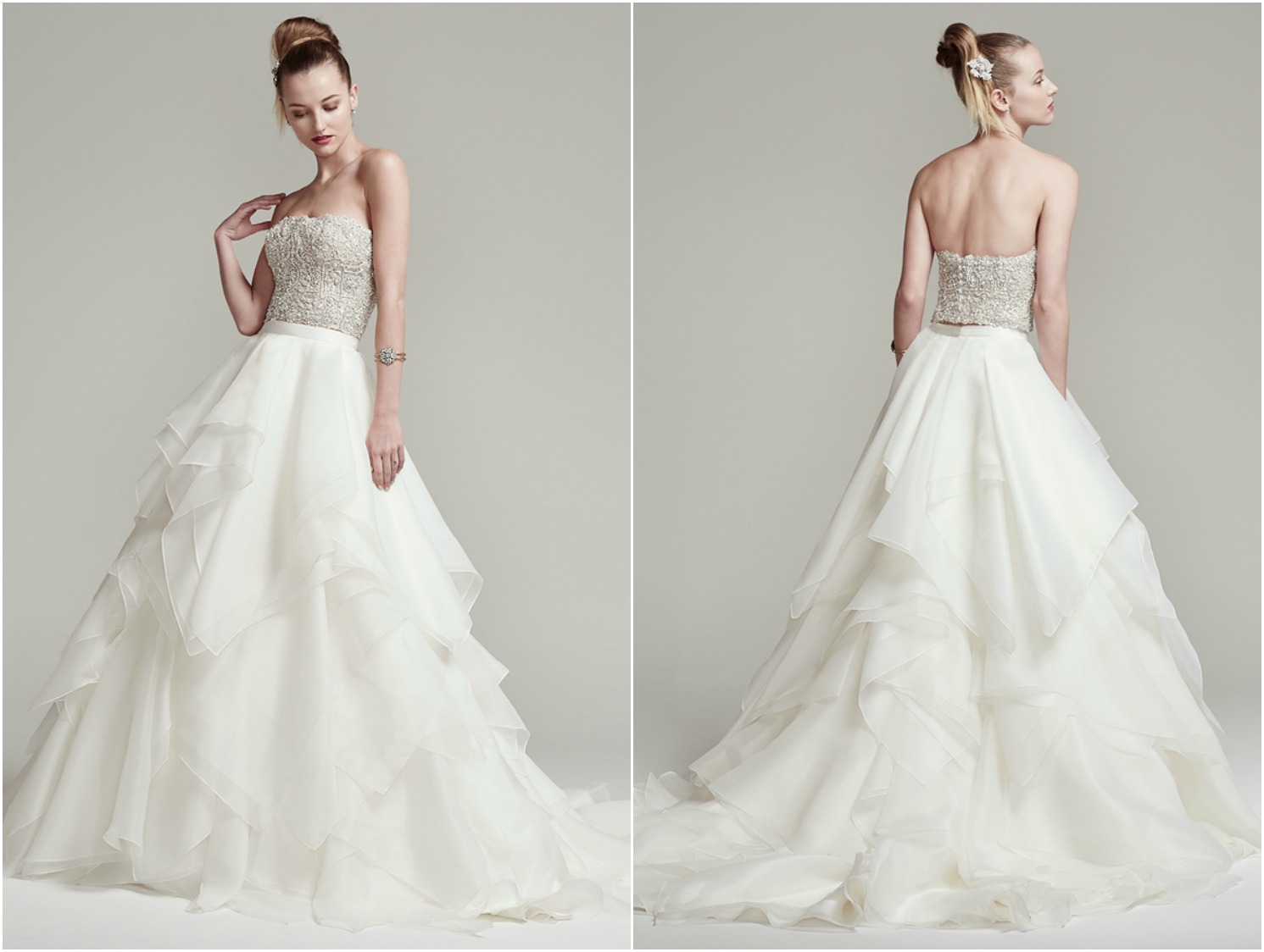Bead encrusted strapless bodice sparkles with Swarovski crystals. Finished with crystal buttons over zipper closure. Layered Marquice organza ball gown skirt with zipper closure.
<a href="https://www.maggiesottero.com/sottero-and-midgley/rosella-blythe/9960" target="_blank">Sottero & Midgley</a>