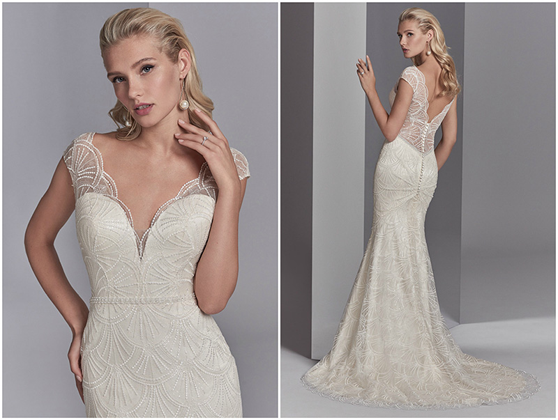 Este elegante e chique vestido de noiva apresenta uma camada de tule sobre aplicações de renda, acentuado por lantejoulas que ajudam a criar o efeito ilusão das mangas e nos detalhes do decote coração dianteiro, bem como no decote em V nas costas. Um delicado cinto com missangas e um plissado sutil ao longo do fecho completam este modelo de inspiração vintage. Acabamentos com botões forrados sobre fecho de correr.
<a href="https://www.maggiesottero.com/sottero-and-midgley/ramira/11225?utm_source=zankyou&utm_medium=gowngallery" target="_blank">Sottero and Midgley</a>