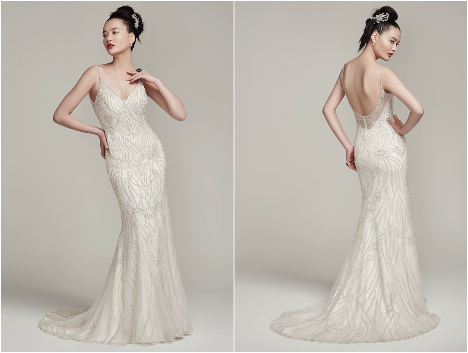 Sexy yet subtle, this chic sheath wedding dress is accented with embroidery and features Swarovski crystals embellishing the bodice and delicate spaghetti straps before falling into a plunging illusion back. Finished with crystal buttons over zipper closure.
<a href="https://www.maggiesottero.com/sottero-and-midgley/mikelle/9871" target="_blank">Sottero & Midgley</a>