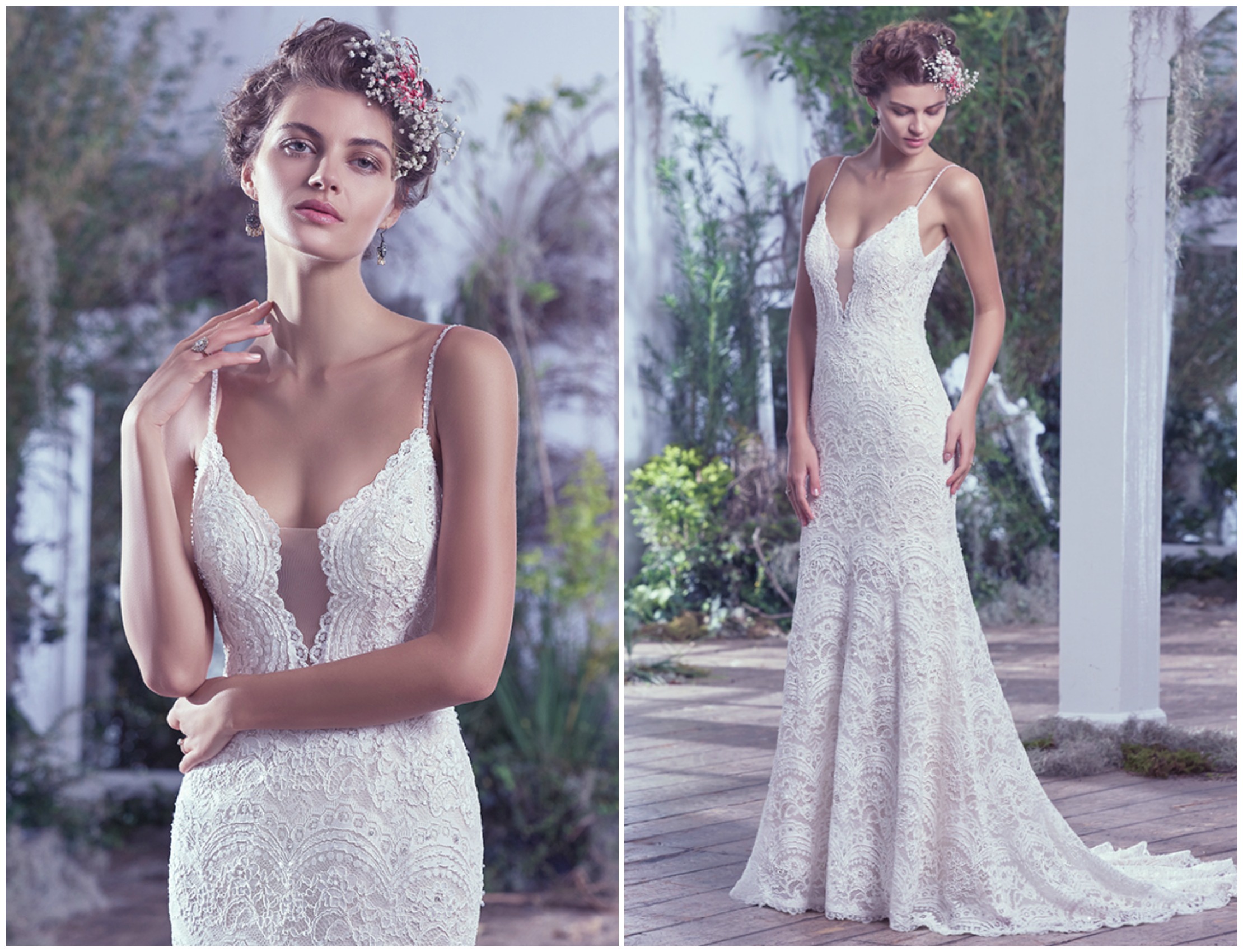 This intricately woven allover embellished lace wedding dress is highlighted with delicate beaded spaghetti straps, a plunging illusion lace neckline, and a stunning open back. These features add subtle sexy touches to this ethereal sheath wedding gown. Finished with covered buttons over zipper closure.
<a href="https://www.maggiesottero.com/maggie-sottero/mietra/9749" target="_blank">Maggie Sottero</a>