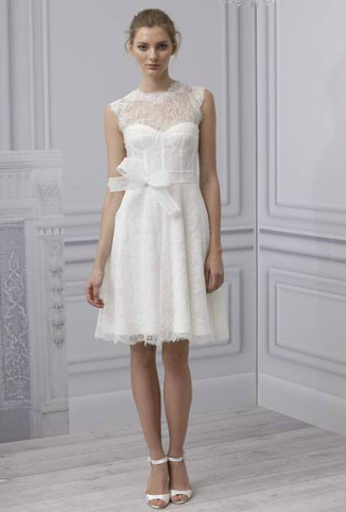 Vestido de noiva curto, da colecção Monique Lhuillier Primavera 2013.Foto: <a href="http://zankyou.9nl.de/jr6r" target="_blank">Pronovias 2014</a>