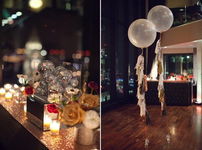 Aproveite o brilho da bola de espelhos para festas de casamento nocturnas. Foto Binita Patel Blog