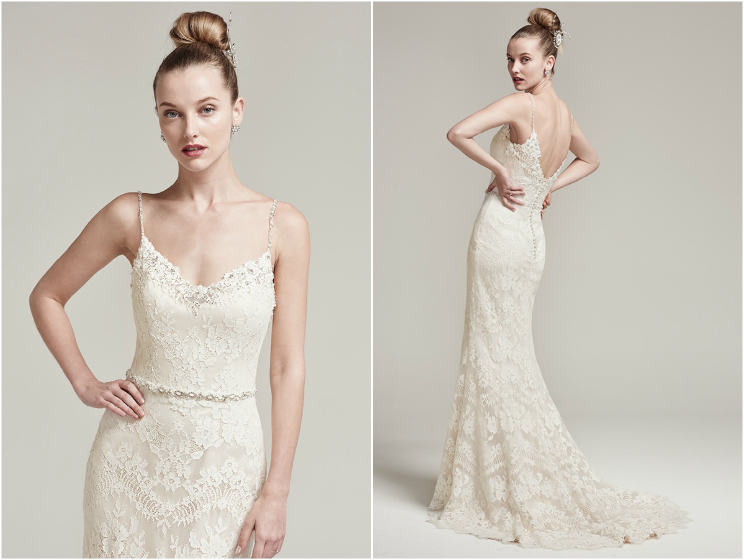Allover lace sheath wedding dress accented with beaded spaghetti straps, sexy illusion neckline and V-back. Finished with a beaded belt featuring Swarovski crystals and covered buttons over zipper closure.
<a href="https://www.maggiesottero.com/sottero-and-midgley/ester/9852" target="_blank">Sottero & Midgley</a>