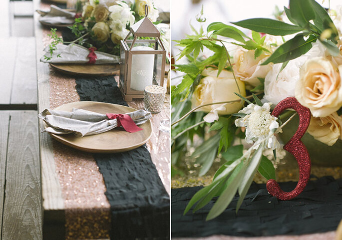 Centros de mesa com flores elegantes e detalhes em burdeus - Foto Brooke Schwab