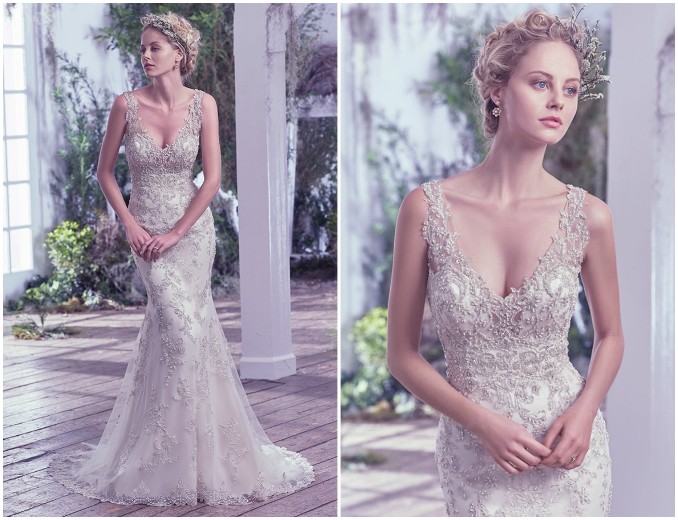 This bead embellished sheath wedding dress features Swarovski crystals. The illusion straps and plunging V-neckline add statement-making glamour. Finished with stunning scoop open back and zipper closure. 

<a href="https://www.maggiesottero.com/maggie-sottero/greer/9692" target="_blank">Maggie Sottero</a>