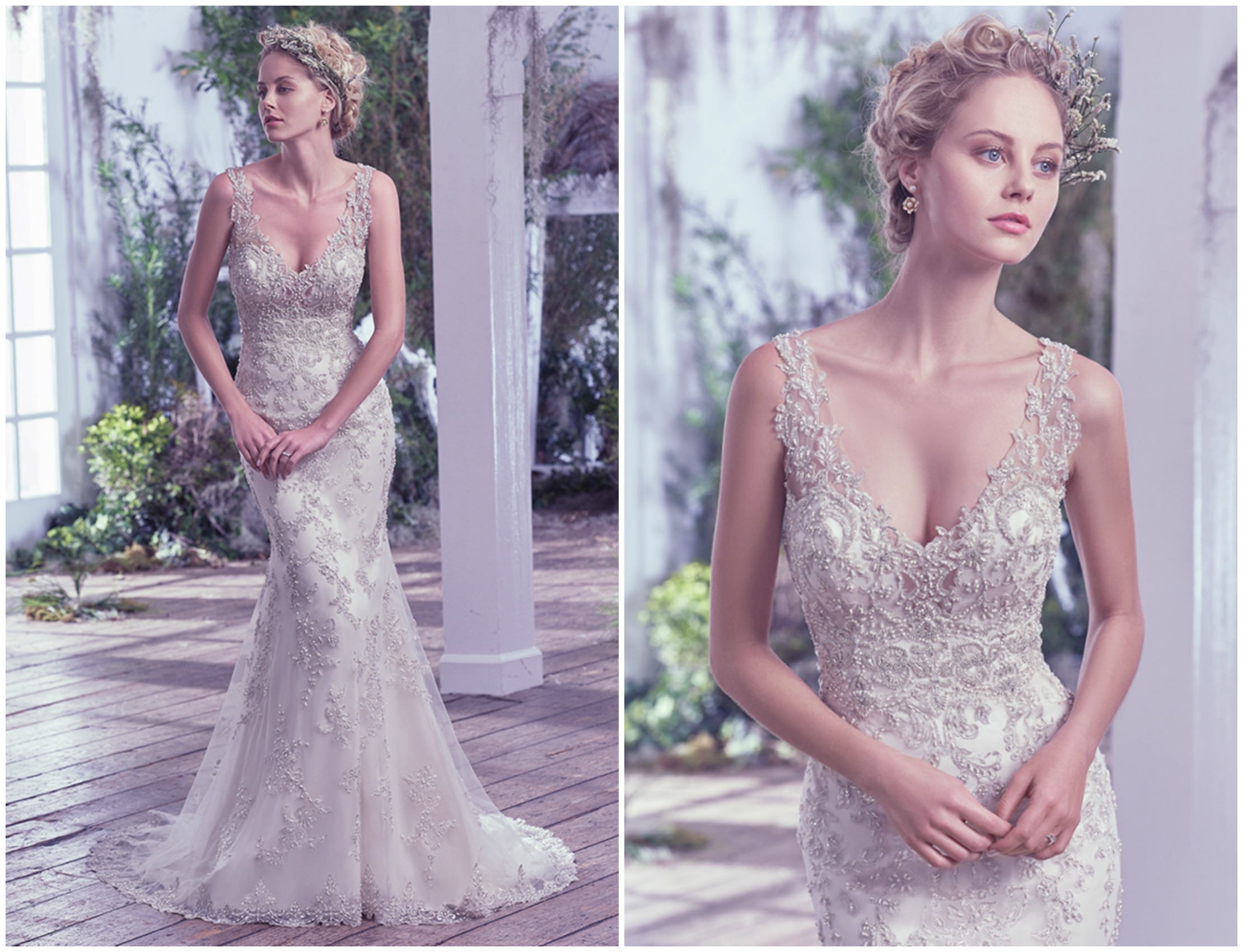 This bead embellished sheath wedding dress features Swarovski crystals. The illusion straps and plunging V-neckline add statement-making glamour. Finished with stunning scoop open back and zipper closure.
<a href="https://www.maggiesottero.com/maggie-sottero/greer/9692" target="_blank">Maggie Sottero</a>