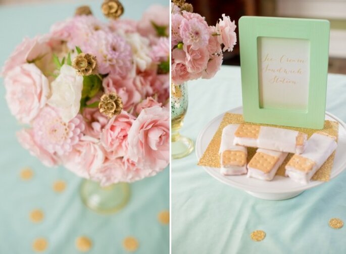 Romántica decoración de boda en colores menta, rosa y dorado - Foto Twila's Photography