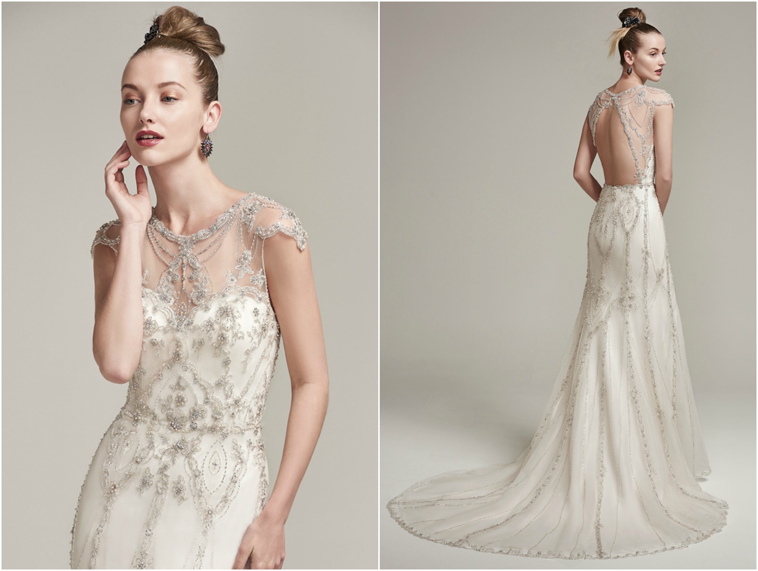 Eye-catching beading adorns the sleek silhouette of this tulle sheath wedding dress, featuring an artistically embellished illusion neckline and cap-sleeves. Complete with stunning beaded illusion keyhole back. Finished with crystal buttons over zipper closure.
<a href="https://www.maggiesottero.com/sottero-and-midgley/syanne/9884" target="_blank">Sottero & Midgley</a>