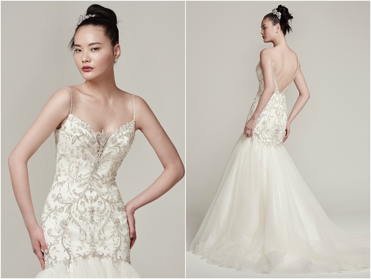 An elaborately embroidered bodice with Swarovski crystals and beading meets a soft tulle skirt, creating this updated fit and flare wedding dress. Complete with beaded spaghetti straps, embellished illusion lace V-neckline and plunging V-back. Finished with crystal buttons over zipper closure.
<a href="https://www.maggiesottero.com/sottero-and-midgley/thaylia/9887" target="_blank">Sottero & Midgley</a>