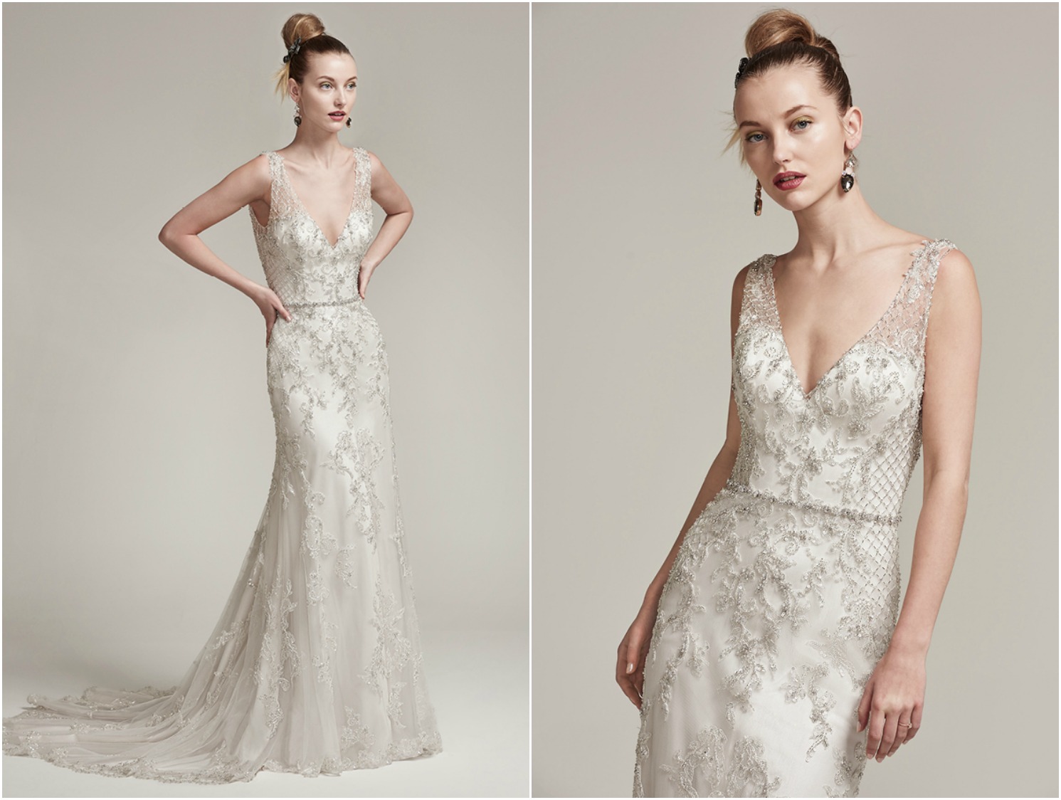 Swarovski crystals and metallic threads are artistically woven onto this tulle sheath wedding dress with illusion lace straps and plunging V-neckline. Complete with plunging illusion back and crystal buttons over zipper closure.
<a href="https://www.maggiesottero.com/sottero-and-midgley/ronnie/9880" target="_blank">Sottero & Midgley</a>