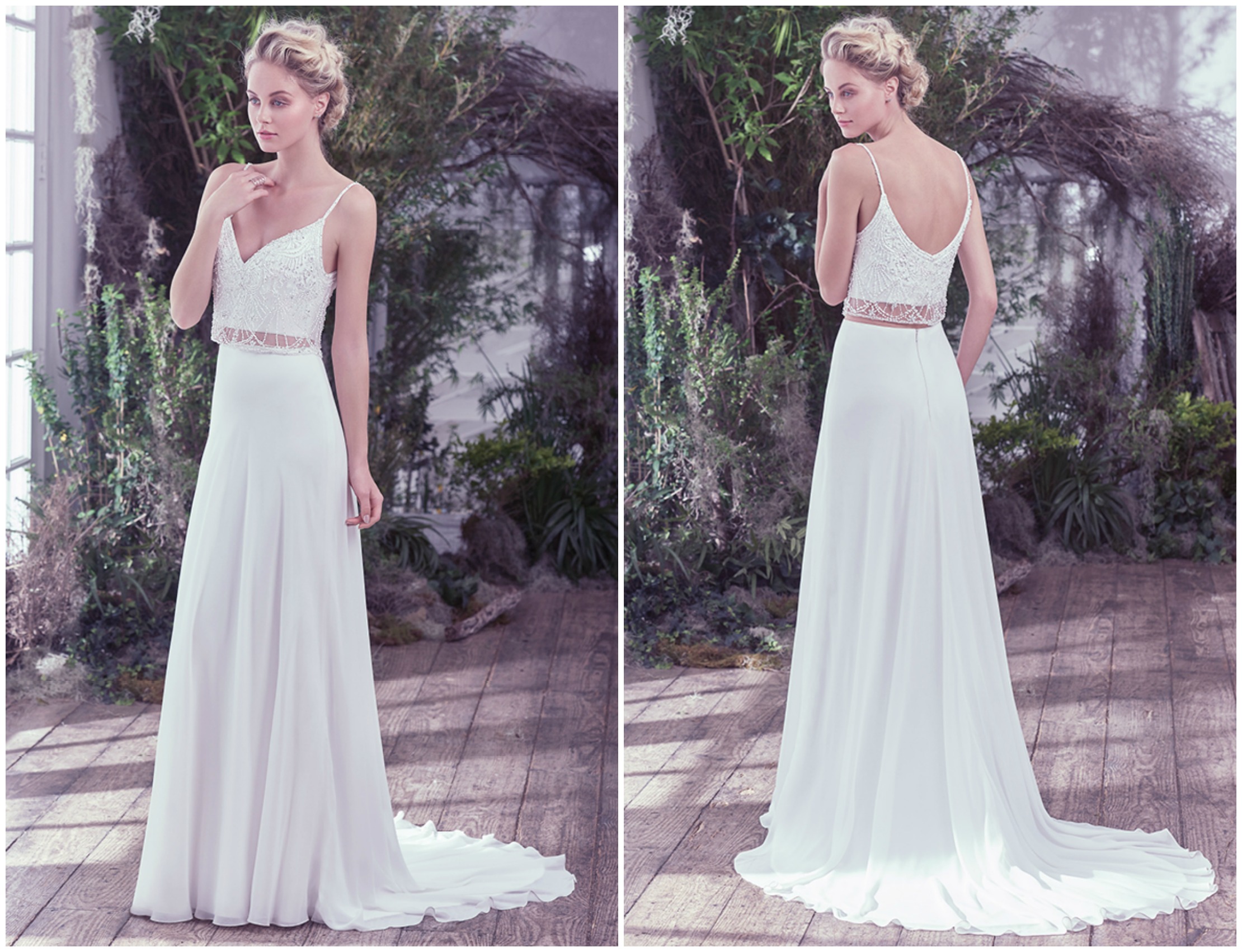 Effortlessly chic, this Arlo chiffon and tulle two-piece wedding dress, with a Swarovski crystal and tonal bead embellished bodice overlay and sheer midriff, adds an ethereal twist to this classic sheath silhouette. Complete with a soft V-neckline and scoop back. Finished with zipper closure.
<a href="https://www.maggiesottero.com/maggie-sottero/griffyn/9762" target="_blank">Maggie Sottero</a>