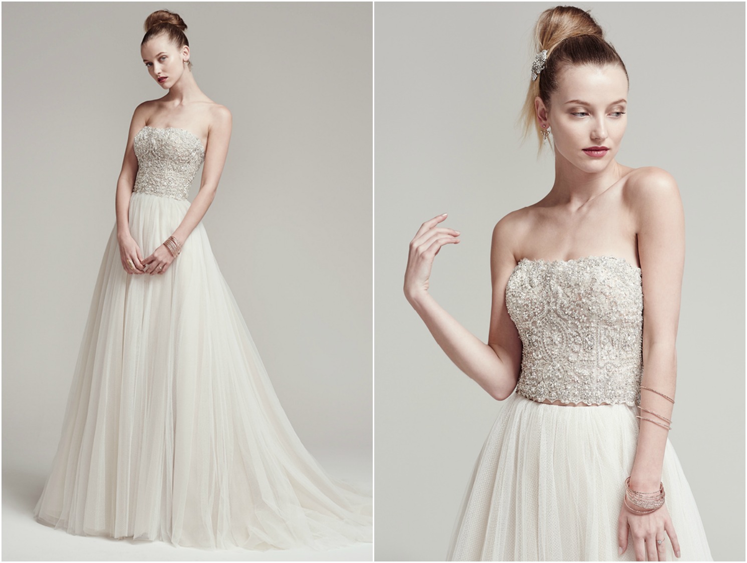 Bead encrusted strapless bodice sparkles with Swarovski crystals. Finished with crystal buttons over zipper closure. Full tulle A-line skirt with zipper closure.
<a href="https://www.maggiesottero.com/sottero-and-midgley/rosella-shardea/9961" target="_blank">Sottero & Midgley</a>