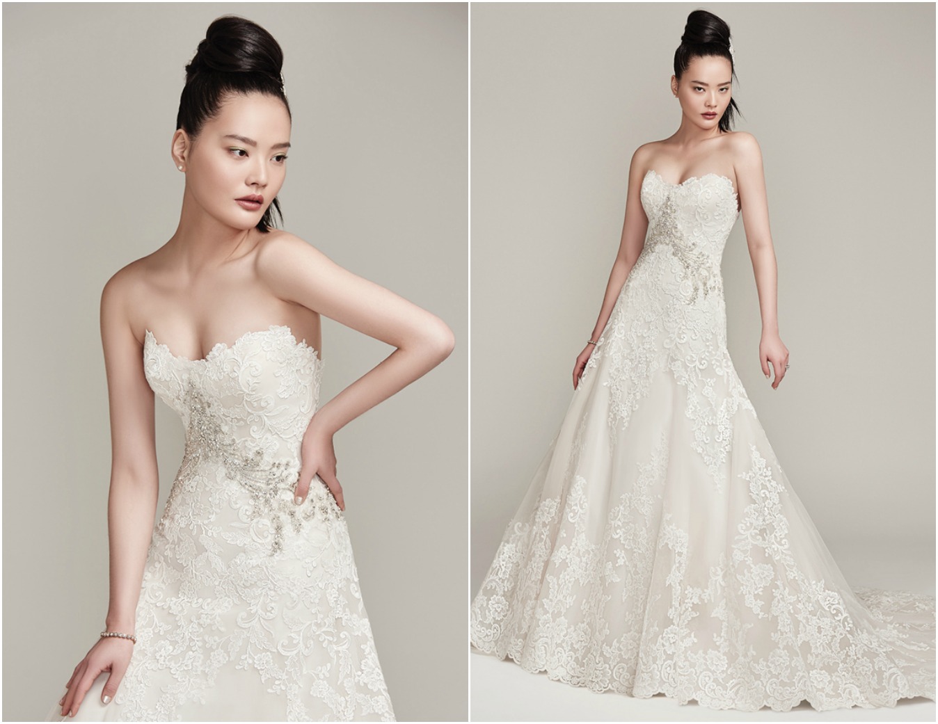 Embroidered lace and tulle add luxurious dimension to this full A-line wedding dress with scalloped scoop neckline and hemline and Swarovski crystal embellishment accenting the natural waist. Finished with crystal buttons over zipper with inner corset closure.
<a href="https://www.maggiesottero.com/sottero-and-midgley/walker/9888" target="_blank">Sottero & Midgley</a>
