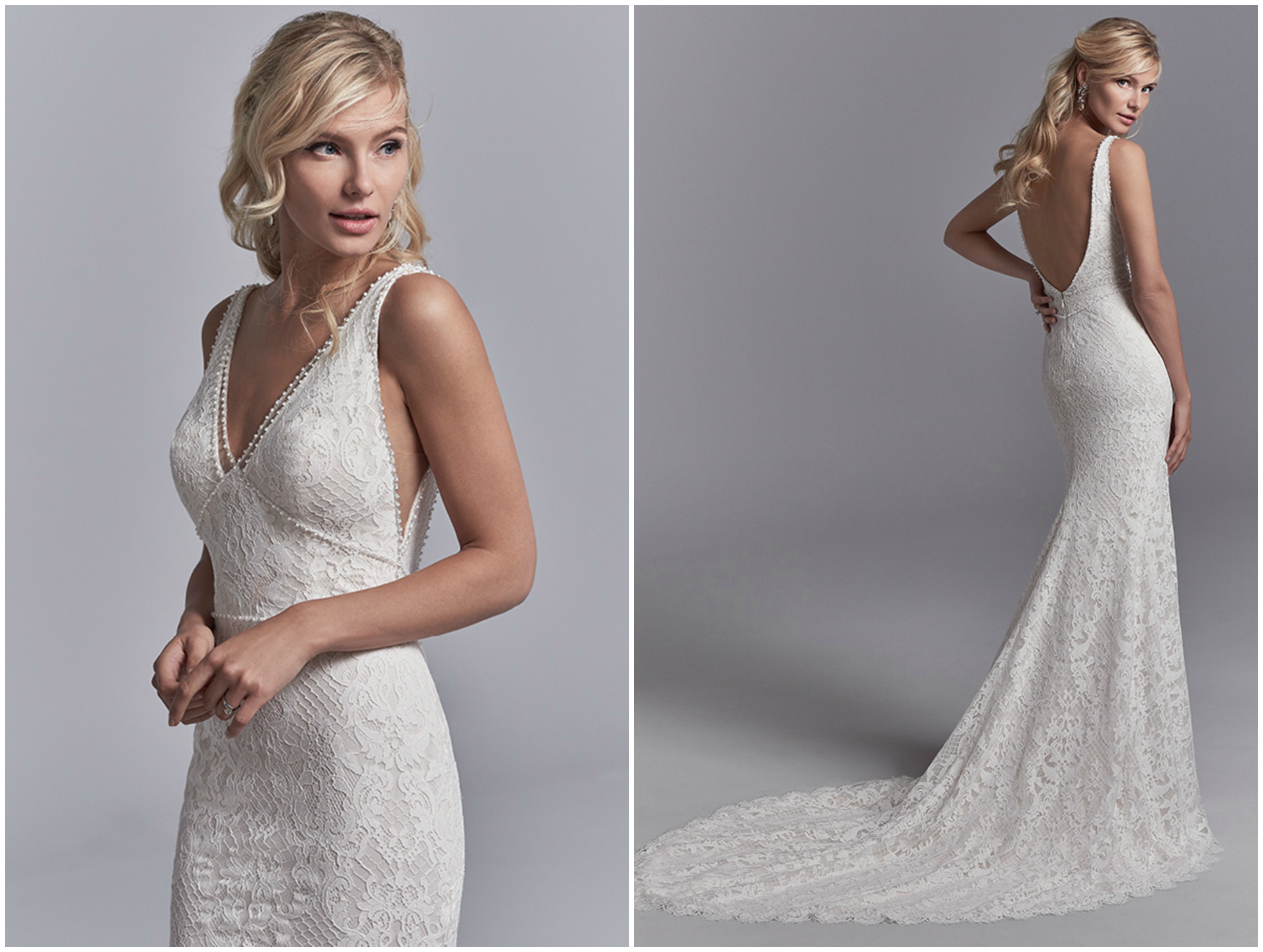 Aplicações de renda caem em cascata sobre o tule com listas cruzadas deste vestido de noiva fit-and-flare. Missangas delicadas acentuam o decote em V, bem como a cintura, as alças e o decote em V nas costas. Forrado com Inessa Jersey para um ajuste perfeito. Acabamentos com fecho zipper.
<a href="https://www.maggiesottero.com/sottero-and-midgley/regan/11227?utm_source=zankyou&utm_medium=gowngallery" target="_blank">Sottero and Midgley</a>