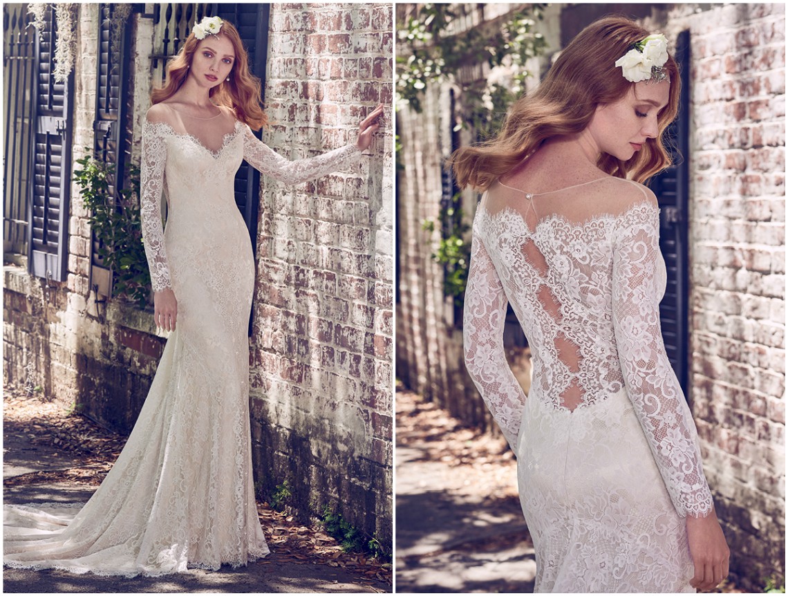 Renda delicada e trabalhada cobre todo este modelo fit-and-flare com decote off-the-shoulder ilusão, mangas compridas transparentes e costas trabalhadas. A saia possui uma leve cascata de pérolas à frente. Acabamentos com botões de pérola e fecho zíper. <a href="https://www.maggiesottero.com/maggie-sottero/megan/11178?utm_source=zankyou&utm_medium=gowngallery" target="_blank">Maggie Sottero</a>