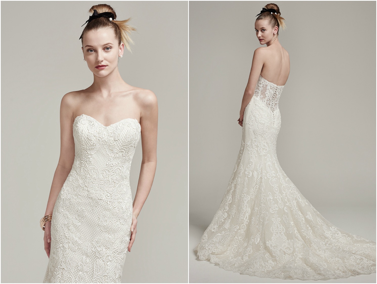 Stunning lattice tulle meets modern lace embroidery, creating a stunning fit and flare wedding dress, complete with sweetheart neckline and intricate lace hemline and train. Finished with illusion back and pearl buttons over zipper closure. 

<a href="https://www.maggiesottero.com/sottero-and-midgley/leona/9867" target="_blank">Sottero &amp; Midgley</a>