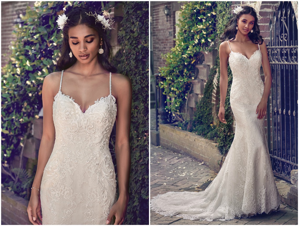 Vestido de noiva com aplicações intricadas de renda ao longo do decote coração, costas ilusão e corpete, fluindo para a saia. Delicadas alças finas completam o romance chique deste modelo cingido à silhueta. Acabamento com botões de cristal sobre fecho zíper. <a href="https://www.maggiesottero.com/maggie-sottero/teresa/11195?utm_source=zankyou&utm_medium=gowngallery" target="_blank">Maggie Sottero</a>