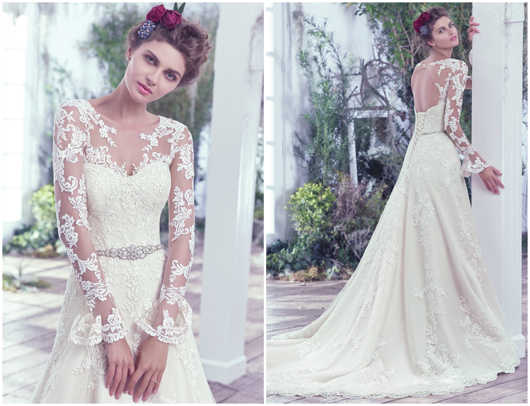Timeless and unforgettably chic, this artfully embroidered lace on tulle A-line wedding dress, adorned with a beaded belt, is a classic romantic style. Finished with a corset closure or crystal buttons over zipper and inner corset closure. An available illusion bodysuit features floral appliqués, long sleeves softly flared at the wrist, and keyhole back. Illusion tulle bodysuit with floral appliqués and flared sleeves sold separately.
<a href="https://www.maggiesottero.com/maggie-sottero/monterey/9701" target="_blank">Maggie Sottero</a>