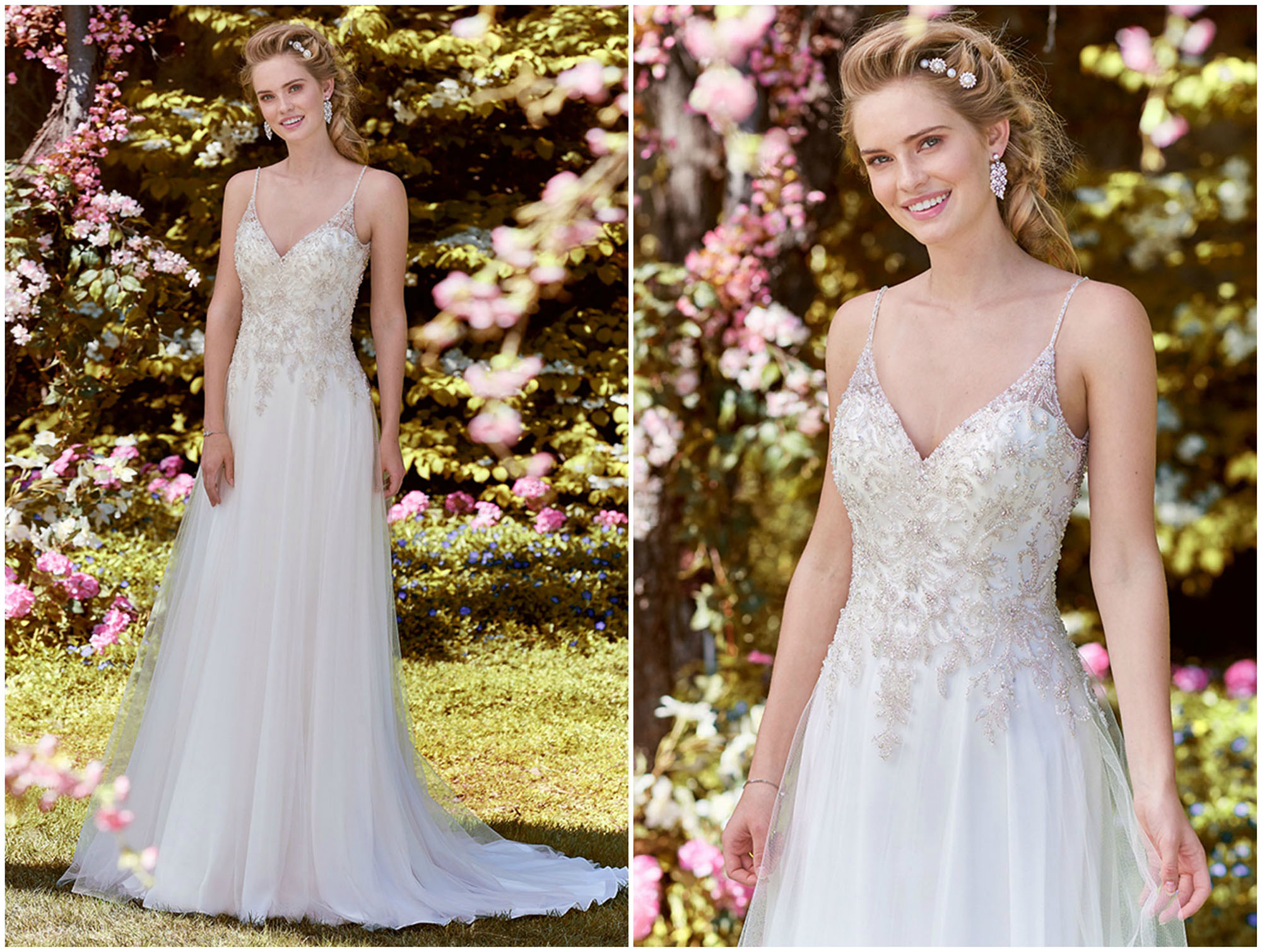 O corpete deste vestido de noiva é acentuado pelo seu decote em V e as alças finas. As camadas de tule completam a saia de linha A. Acabamentos com botões de cristal sobre fecho de correr.
<a href="https://www.maggiesottero.com/rebecca-ingram/nellie/11261?utm_source=zankyou&utm_medium=gowngallery" target="_blank">Rebecca Ingram</a>