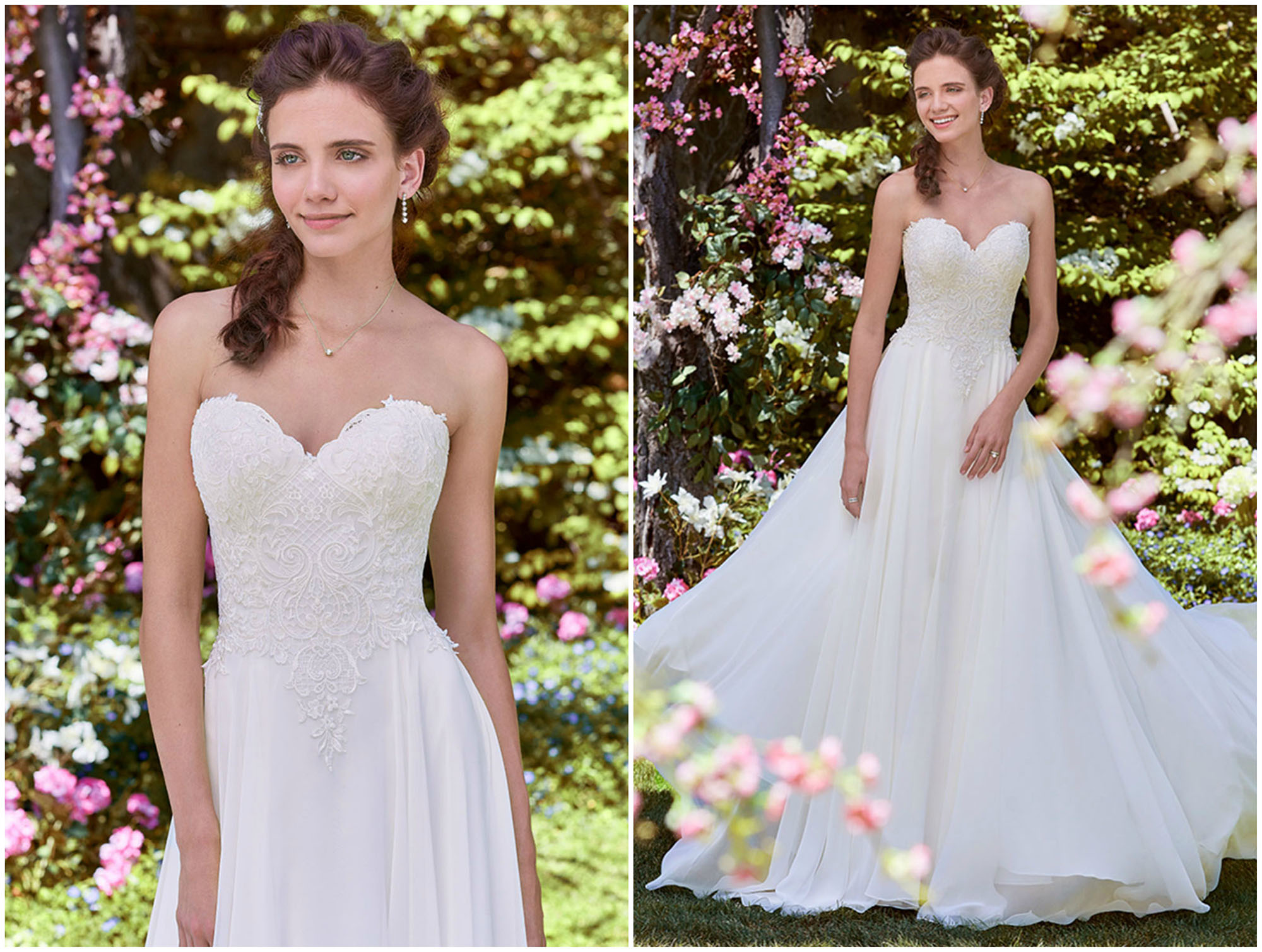Este simples vestido de noiva apresenta um corpete com motivos de renda bordada em cima de uma saia de chiffon. Um decote coração completa o romance clássico deste modelo linha A. Acabamentos com botões forrados sobre fecho de correr.
<a href="https://www.maggiesottero.com/rebecca-ingram/wendy/11266?utm_source=zankyou&utm_medium=gowngallery" target="_blank">Rebecca Ingram</a>