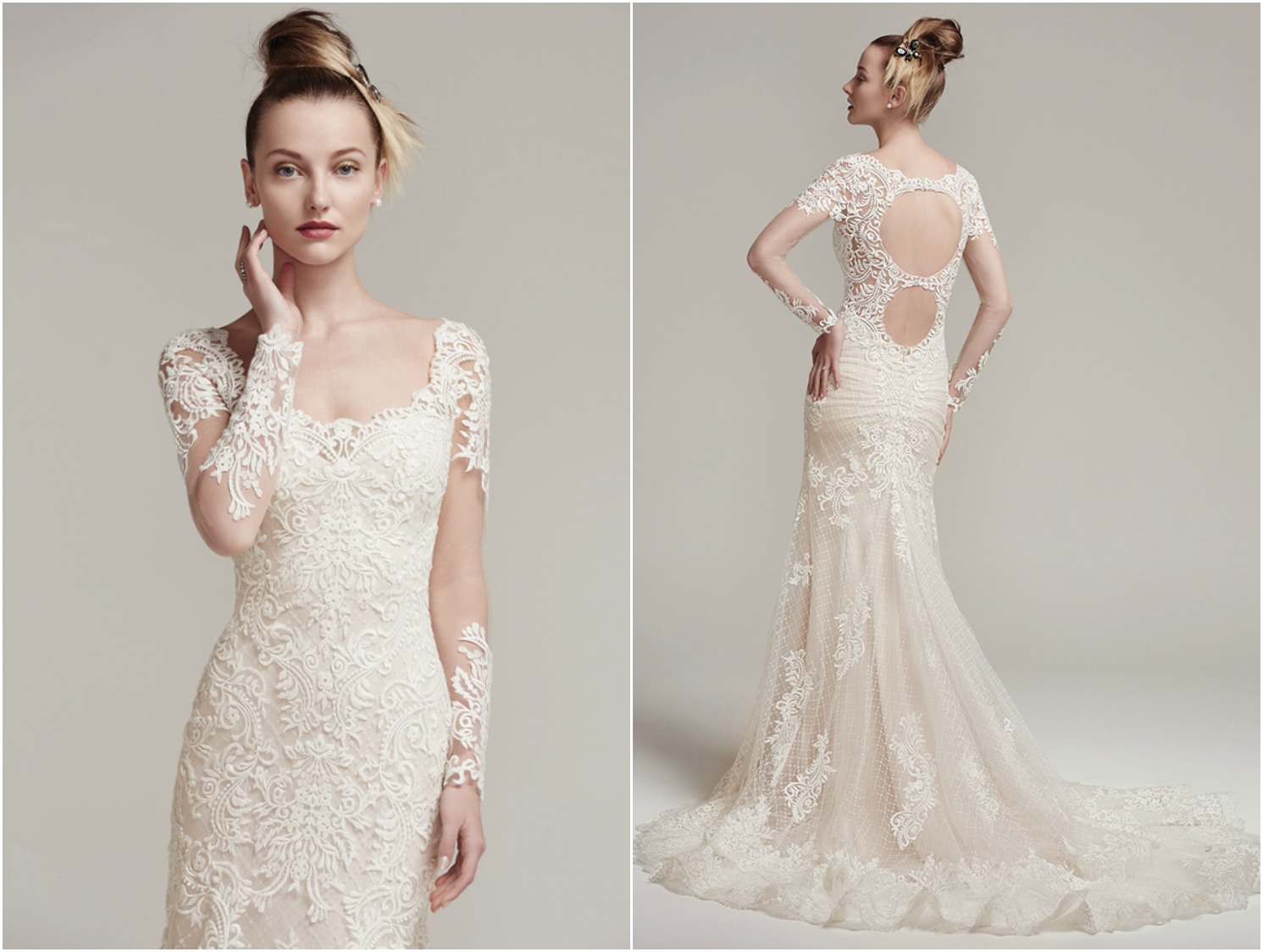 Modern lace appliqués adorn the illusion long sleeves, fitted bodice, and scalloped hemline of this crosshatch tulle over jersey fit and flare wedding dress. Complete with illusion sweetheart neckline, double illusion keyhole back, and dramatically sweeping train. Finished with crystal buttons and zipper closure.
<a href="https://www.maggiesottero.com/sottero-and-midgley/melrose/9870" target="_blank">Sottero & Midgley</a>
