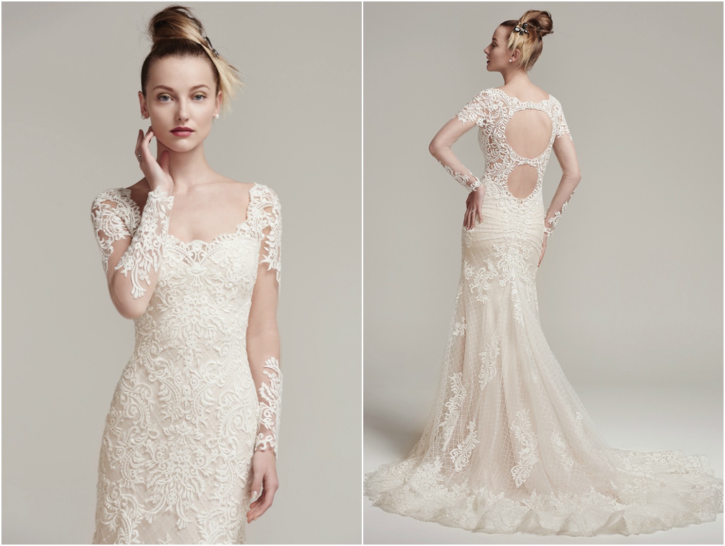 Modern lace appliqués adorn the illusion long sleeves, fitted bodice, and scalloped hemline of this crosshatch tulle over jersey fit and flare wedding dress. Complete with illusion sweetheart neckline, double illusion keyhole back, and dramatically sweeping train. Finished with crystal buttons and zipper closure. 

<a href="https://www.maggiesottero.com/sottero-and-midgley/melrose/9870" target="_blank">Sottero &amp; Midgley</a>