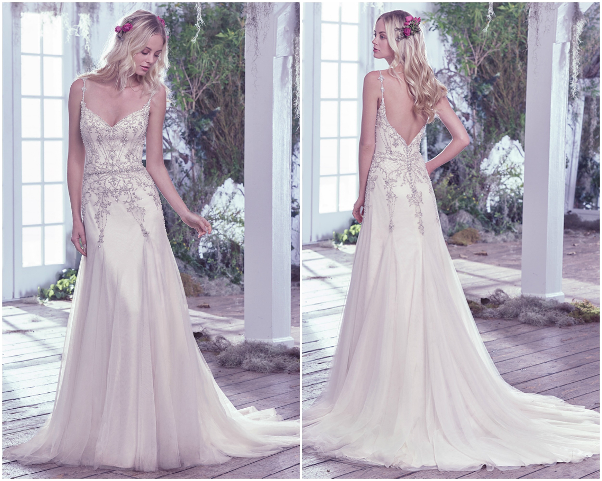 Modern and romantic, this seemingly weightless slim A-line wedding dress is adorned with Swarovski crystals and glimmering beaded embellishments on soft tulle. Godet panels add soft volume and ethereal elegance to the skirt. Finished with sweetheart neckline and crystal buttons over zipper closure.
<a href="https://www.maggiesottero.com/maggie-sottero/andraea/9720" target="_blank">Maggie Sottero</a>