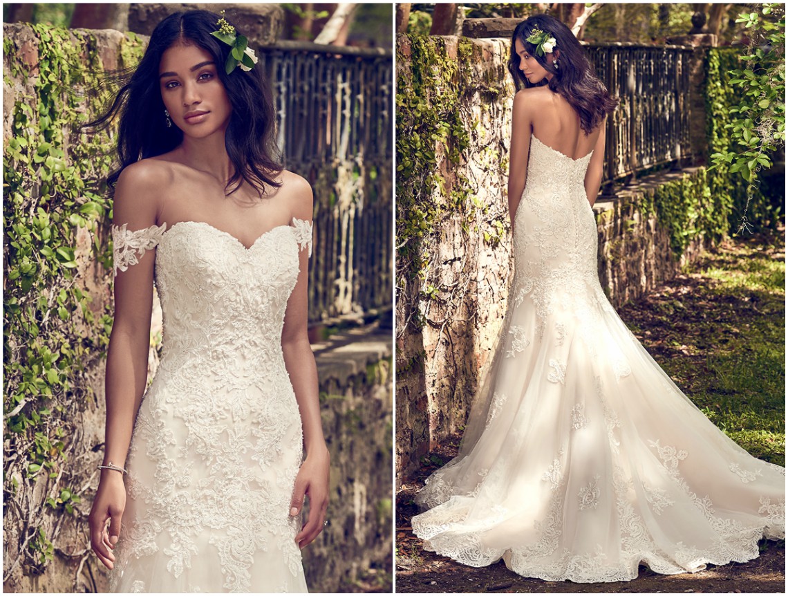 Vestido de noiva fit-and-flare com aplicações de renda e pérolas sobre tule, completo com corpete sem alças e decote coração. Acabamentos com botões forrados sobre fecho zíper e corselete interno. Mangas destacáveis com pedraria e cristais Swarovski vendidas separadamente. <a href="https://www.maggiesottero.com/maggie-sottero/saige/11192?utm_source=zankyou&utm_medium=gowngallery" target="_blank">Maggie Sottero</a>