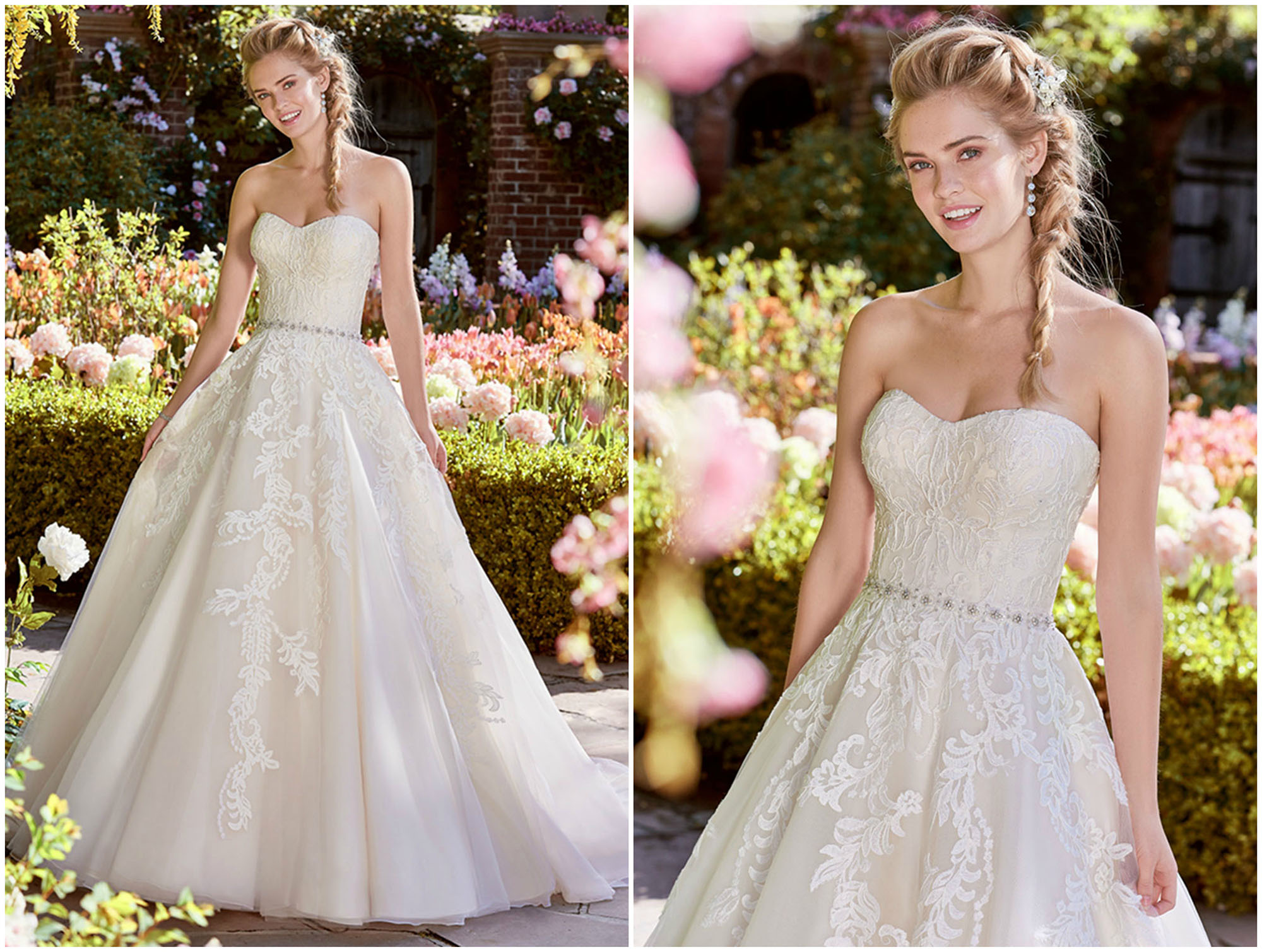 Um modelo clássico, com corpo adornado por motivos de renda, que se alastram pela rodada saia de tule. Decote coração, cai-cai, e um cinto com finas pedras e cristais Swarovski completam este romântico vestido de noiva. Acabamentos com botões forrados e zipper sobre o fecho interno do corset.
<a href="https://www.maggiesottero.com/rebecca-ingram/bernice/11236?utm_source=zankyou&utm_medium=gowngallery" target="_blank">Rebecca Ingram</a>