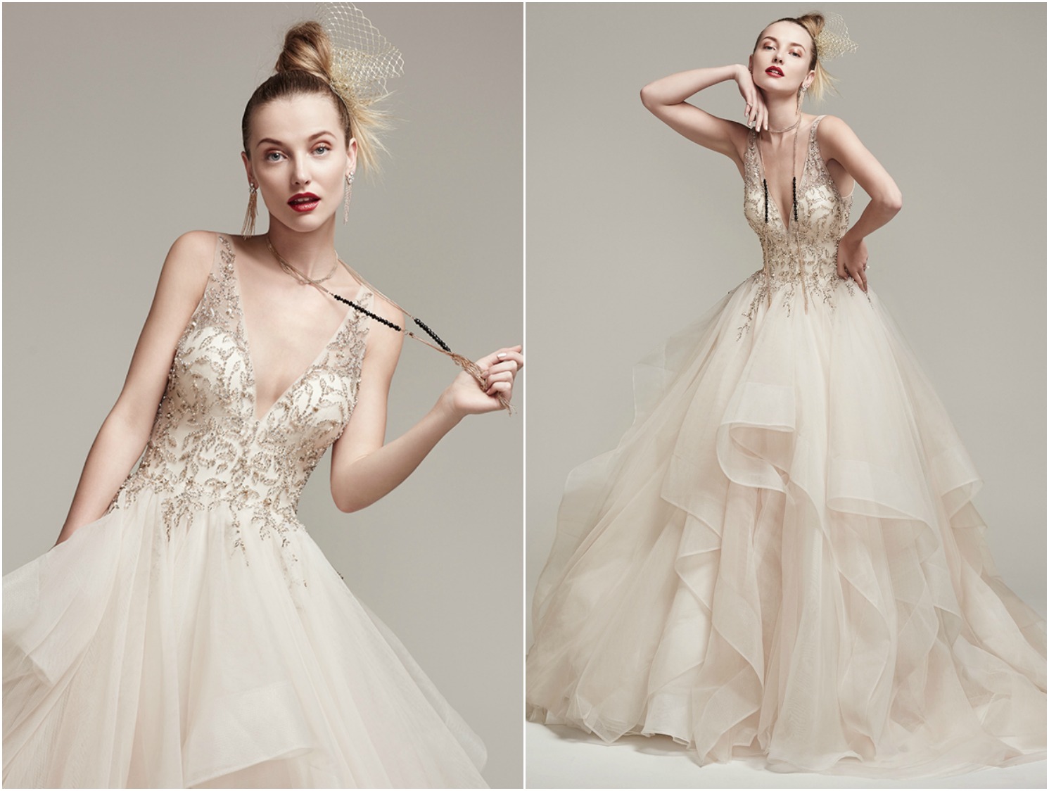 Dione organza creates a dramatic ball gown with horsehair layered skirt, featuring a breathtaking bodice adorned with Swarovski crystals and pearls, plunging illusion V-neckline and back. Finished with crystal buttons over zipper closure. 

<a href="https://www.maggiesottero.com/sottero-and-midgley/amélie/9846" target="_blank">Sottero &amp; Midgley</a>