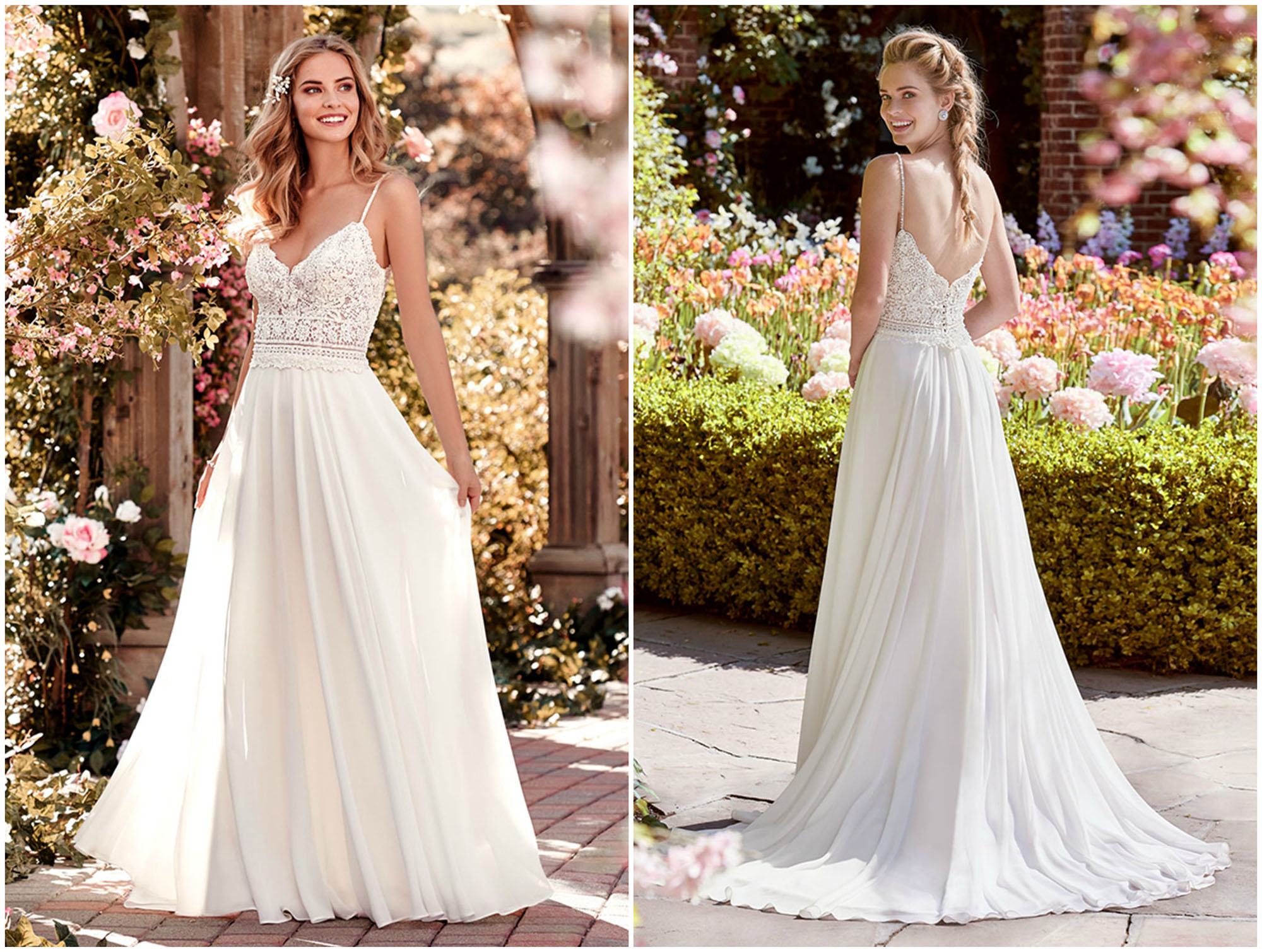 Vestido de noiva de estilo boémio, com corpete acentuado com renda e missangas, sobre uma saia de chiffon. As alças finas, o decote em V, quer à frente como nas costas, e demais pedraria completam este modelo. Acabamentos com botões de cristal e fecho de correr.
<a href="https://www.maggiesottero.com/rebecca-ingram/juniper/11249?utm_source=zankyou&utm_medium=gowngallery" target="_blank">Rebecca Ingram</a>