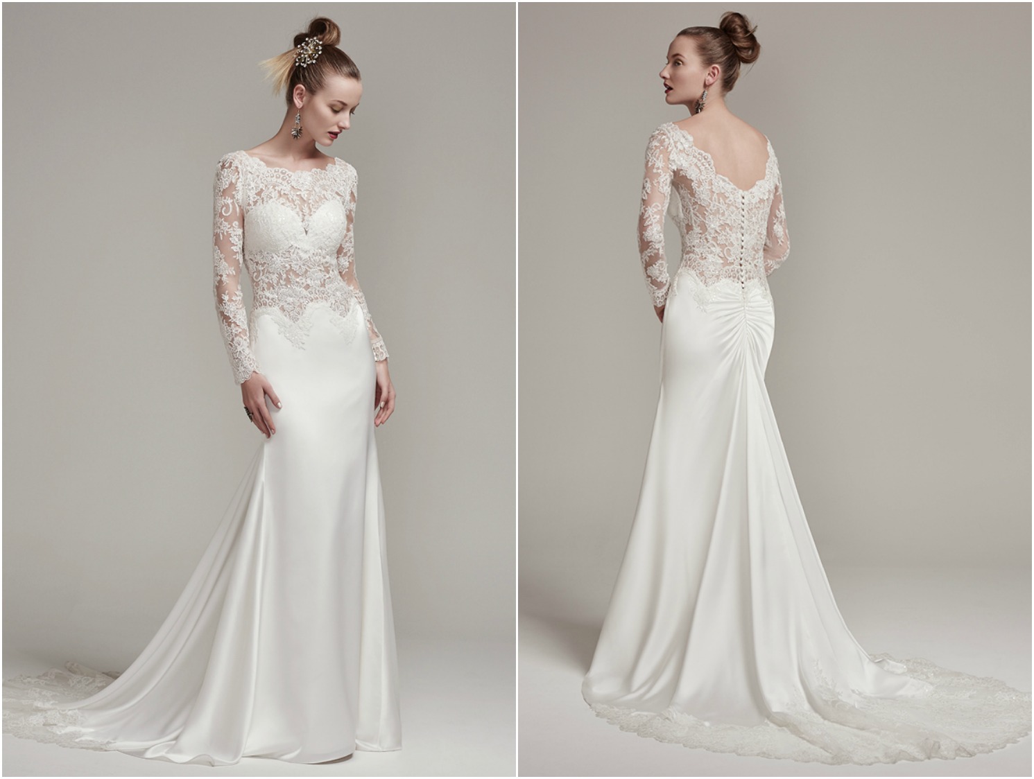 Illusion lace accented with a stunning scalloped lace bateau neckline and long sleeves adds chic sophistication to this Belize satin sheath wedding dress, complete with a detailed illusion lace trimmed train and ruching. Finished with covered buttons over zipper closure.
<a href="https://www.maggiesottero.com/sottero-and-midgley/fiona-rose/9854" target="_blank">Sottero & Midgley</a>
