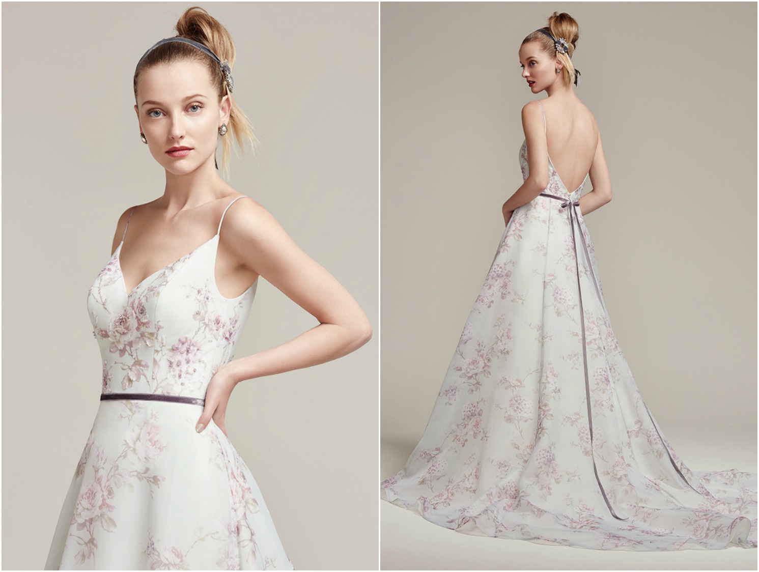 Floral printed chiffon full A-line wedding dress, with ultra-feminine spaghetti straps and V-neckline and plunging back. Finished with zipper closure. Detachable velvet ribbon belt sold separately. 

<a href="https://www.maggiesottero.com/sottero-and-midgley/kira/9865" target="_blank">Sottero &amp; Midgley</a>