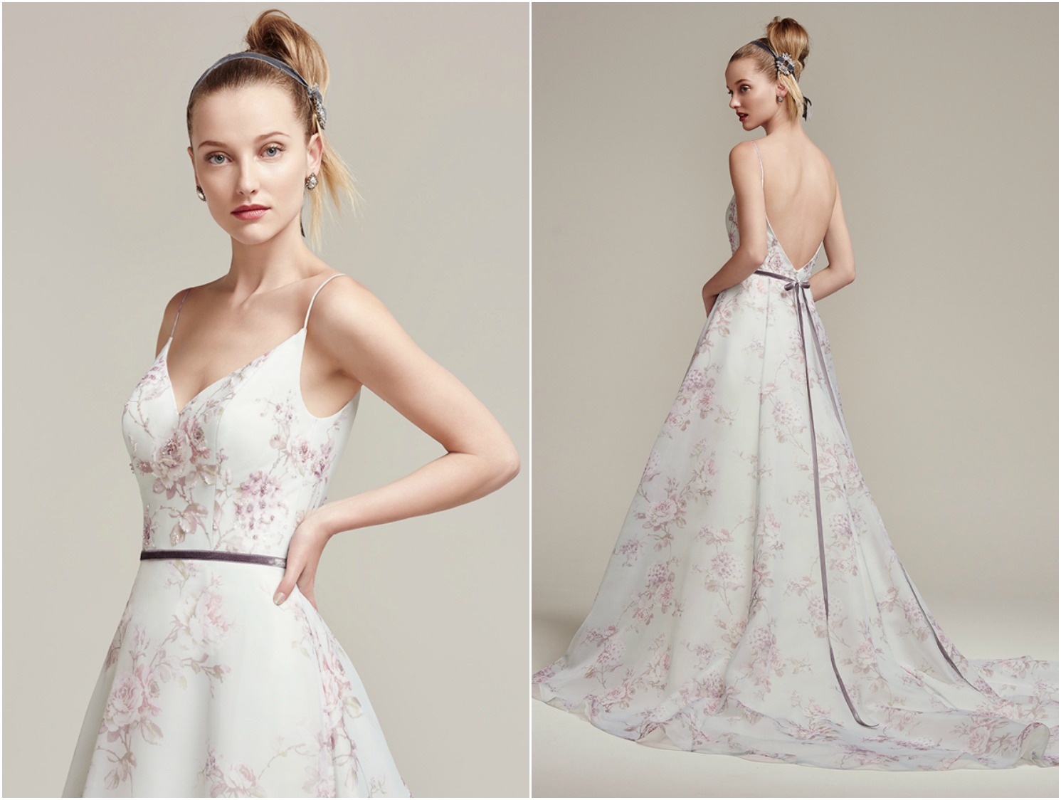 Floral printed chiffon full A-line wedding dress, with ultra-feminine spaghetti straps and V-neckline and plunging back. Finished with zipper closure. Detachable velvet ribbon belt sold separately.
<a href="https://www.maggiesottero.com/sottero-and-midgley/kira/9865" target="_blank">Sottero & Midgley</a>