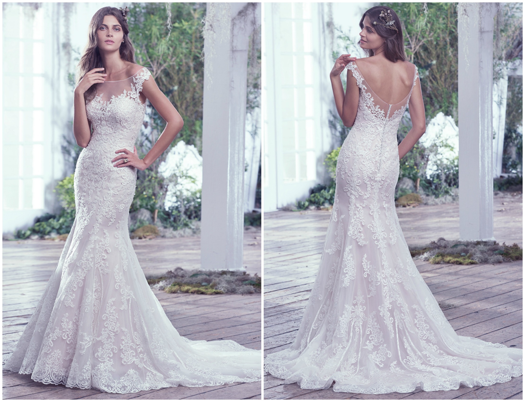 This embellished lace fit and flare wedding dress balances romantic details with ethereal whimsy. Illusion off the shoulder lace sleeves, an illusion sweetheart neckline and scalloped hem complete this elegant wedding day look. Finished with crystal buttons over zipper closure. 

<a href="https://www.maggiesottero.com/maggie-sottero/carson/9690" target="_blank">Maggie Sottero</a>