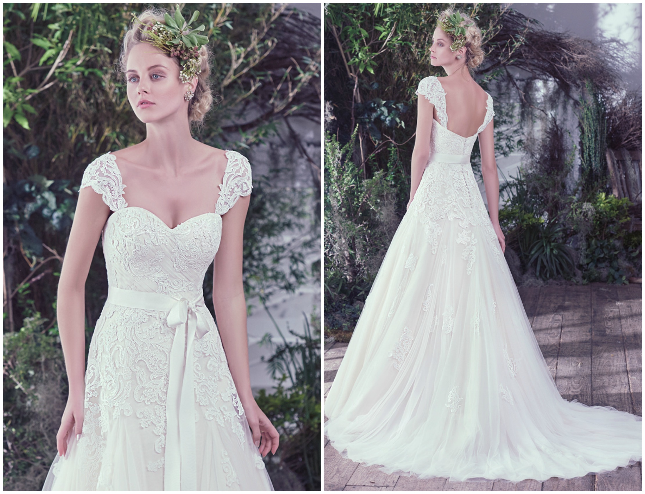 Soft tulle and lace create an ultra-feminine and ethereal wedding dress style. This soft sweetheart neckline and unembellished lace starting at the bodice cascades into a weightless A-line skirt. Finished with grosgrain ribbon belt and covered buttons over zipper with inner elastic closure or corset closure. Detachable lace cap-sleeves sold separately.
<a href="https://www.maggiesottero.com/maggie-sottero/lindsey/9756" target="_blank">Maggie Sottero</a>