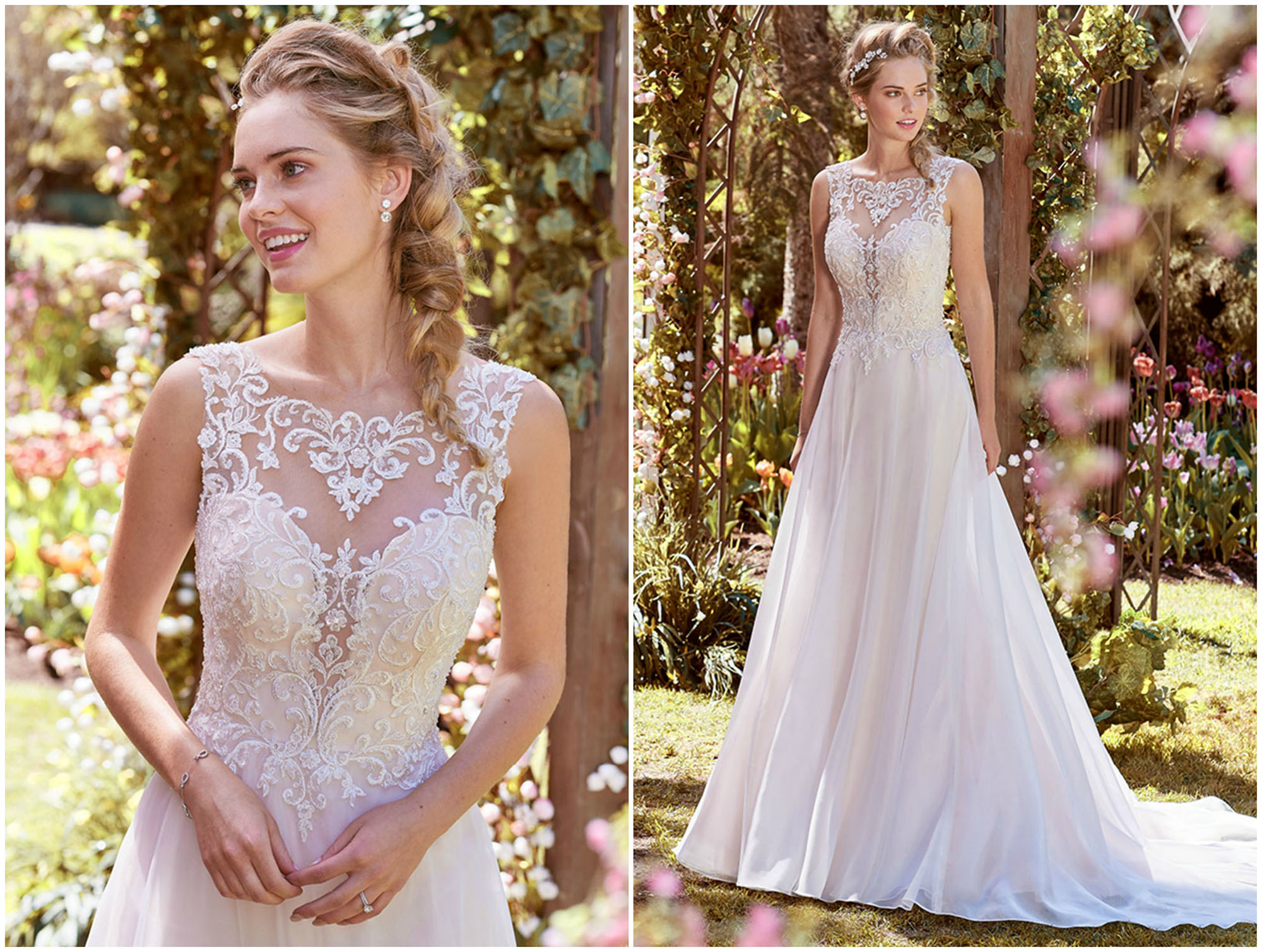 Adornos de renda com pedraria e cristais Swarovski dançam sobre a transparência do tecido que cobre o corpo com decote coração, deste vestido de noiva linha A, confecionado em tule e organza. Decote em V nas costas. Acabamentos com botões forrados sobre fecho de correr.
<a href="https://www.maggiesottero.com/rebecca-ingram/joyce/11247?utm_source=zankyou&utm_medium=gowngallery" target="_blank">Rebecca Ingram</a>