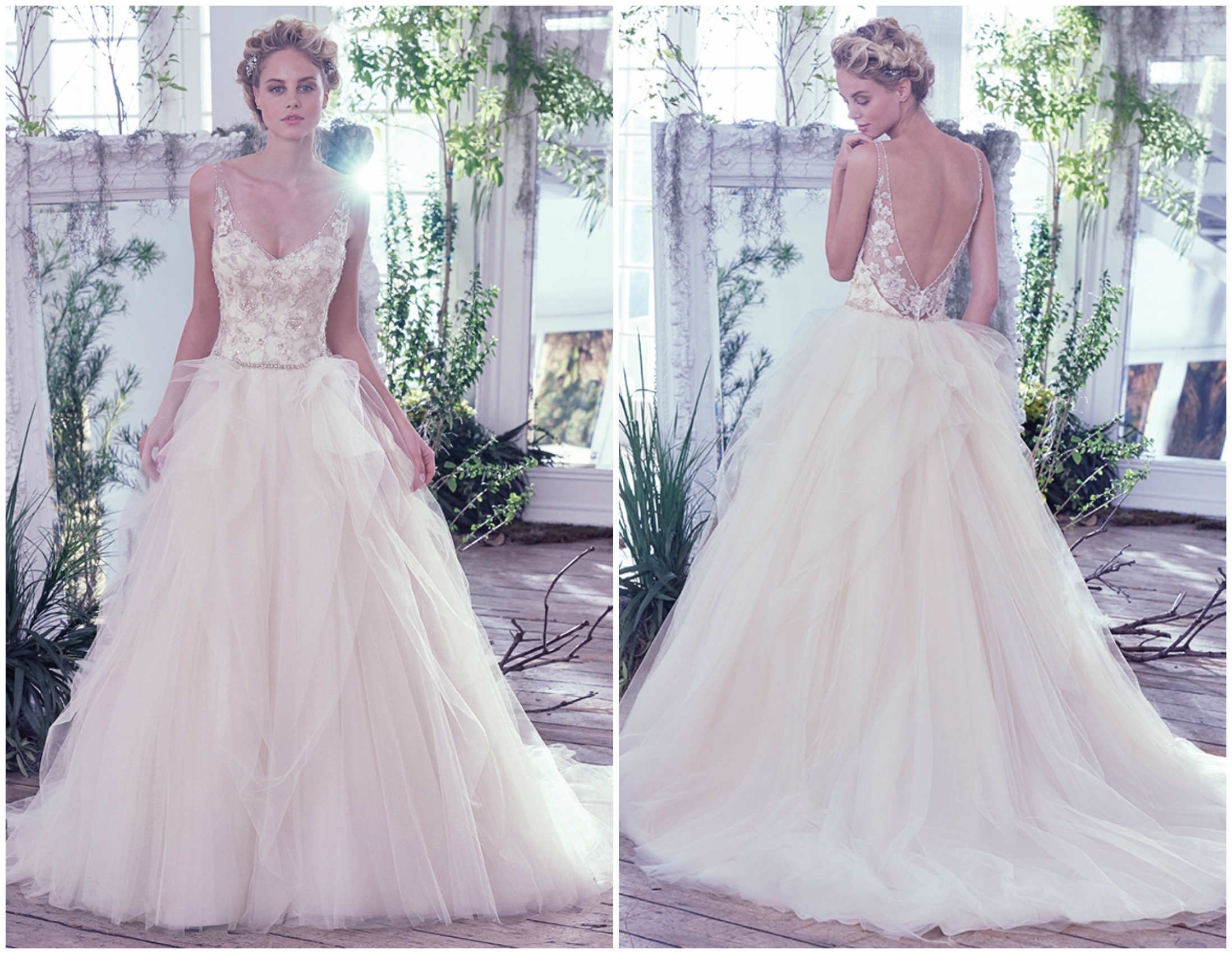 This whimsical ball gown features embroidered lace, eye-catching Swarovski crystals, and beading intricately woven onto the fitted bodice with illusion sweetheart neckline and straps. Layers of tulle cascade weightlessly from the natural waistline creating an ultra-dreamy look. A dramatic illusion V-back is finished with crystal buttons over zipper closure.
<a href="https://www.maggiesottero.com/maggie-sottero/carlotta/9727" target="_blank">Maggie Sottero</a>