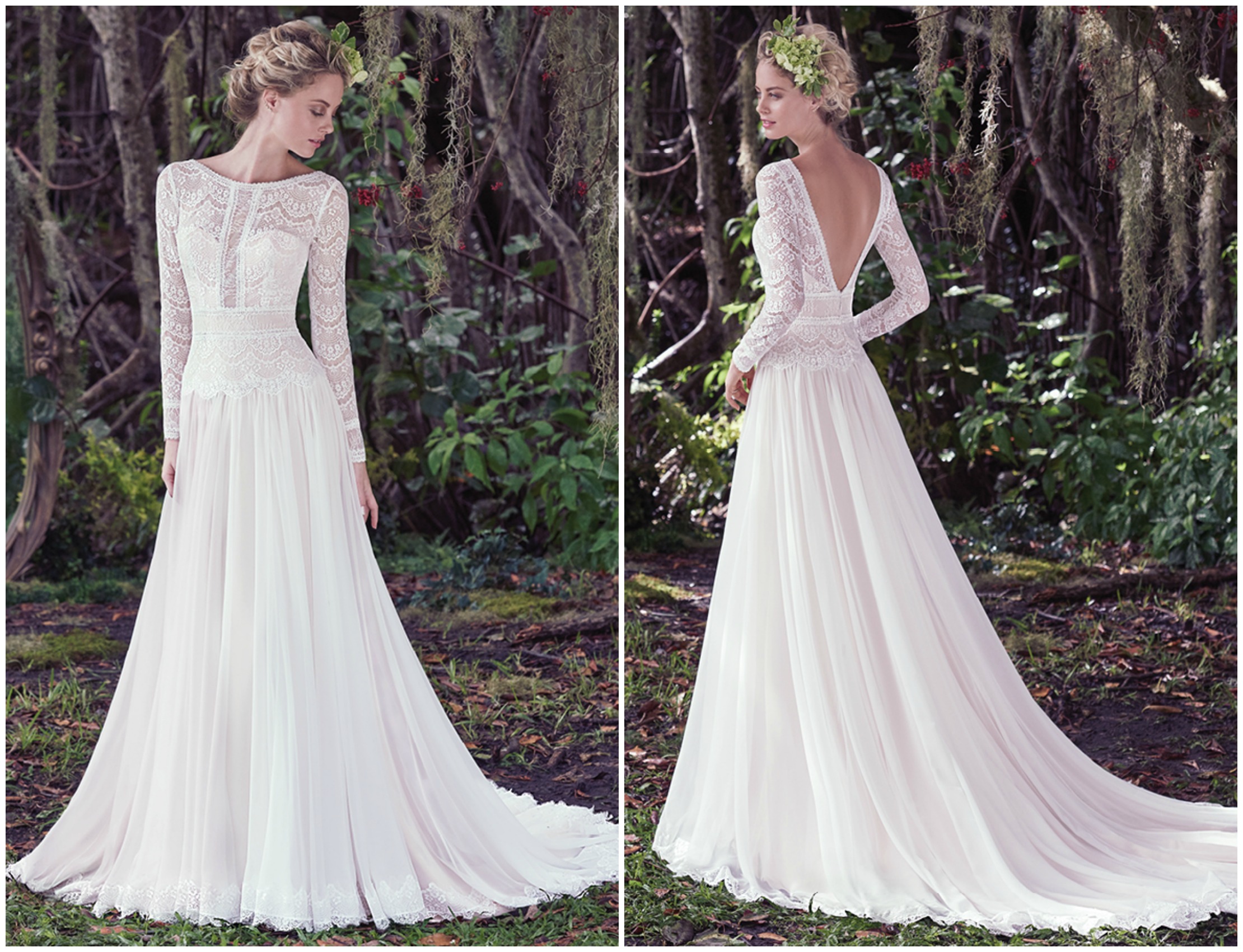 Understated elegance is found in this subtle lace and Santorini chiffon A-line wedding dress, complete with bateau neckline and long sleeves. Illusion lace details and stunning V-back create a sweet-yet-sexy style. Finished with zipper closure.
<a href="https://www.maggiesottero.com/maggie-sottero/deirdre/9726" target="_blank">Maggie Sottero</a>