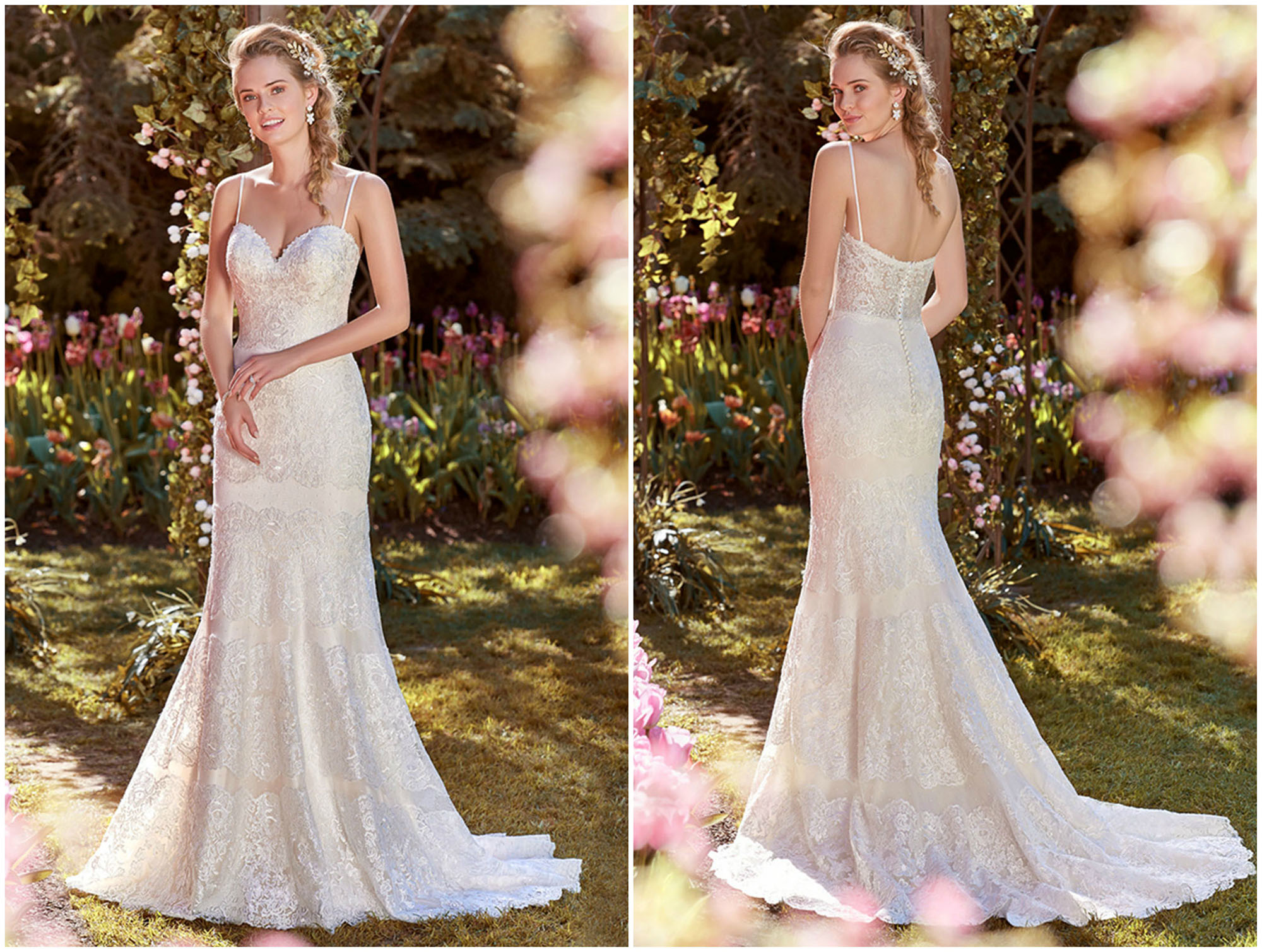 Delicados padrões de renda que fluem em cascata sobre o tule pontilhado neste vestido de noiva, com decote coração e alças finas. Acabamentos com botões forrados sobre fecho de correr.
<a href="https://www.maggiesottero.com/rebecca-ingram/karla/11250?utm_source=zankyou&utm_medium=gowngallery" target="_blank">Rebecca Ingram</a>