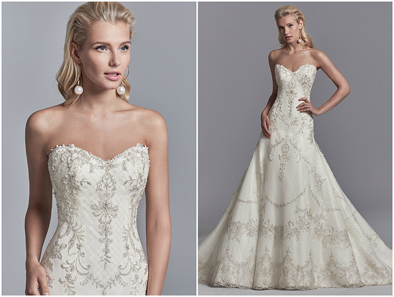 Aplicações de renda e cristais Swarovski dançam sobre este vestido de noiva de tule e cetim, com corte linha A. O modelo é ainda caracterizado por um decote cai-cai em forma de coração e costas a descoberto com pequeno efeito ilusão acentuado por motivos de renda com missangas. Acabamentos com botões de cristal sobre fecho de correr.
<a href="https://www.maggiesottero.com/sottero-and-midgley/granger/11213?utm_source=zankyou&utm_medium=gowngallery" target="_blank">Sottero and Midgley</a>