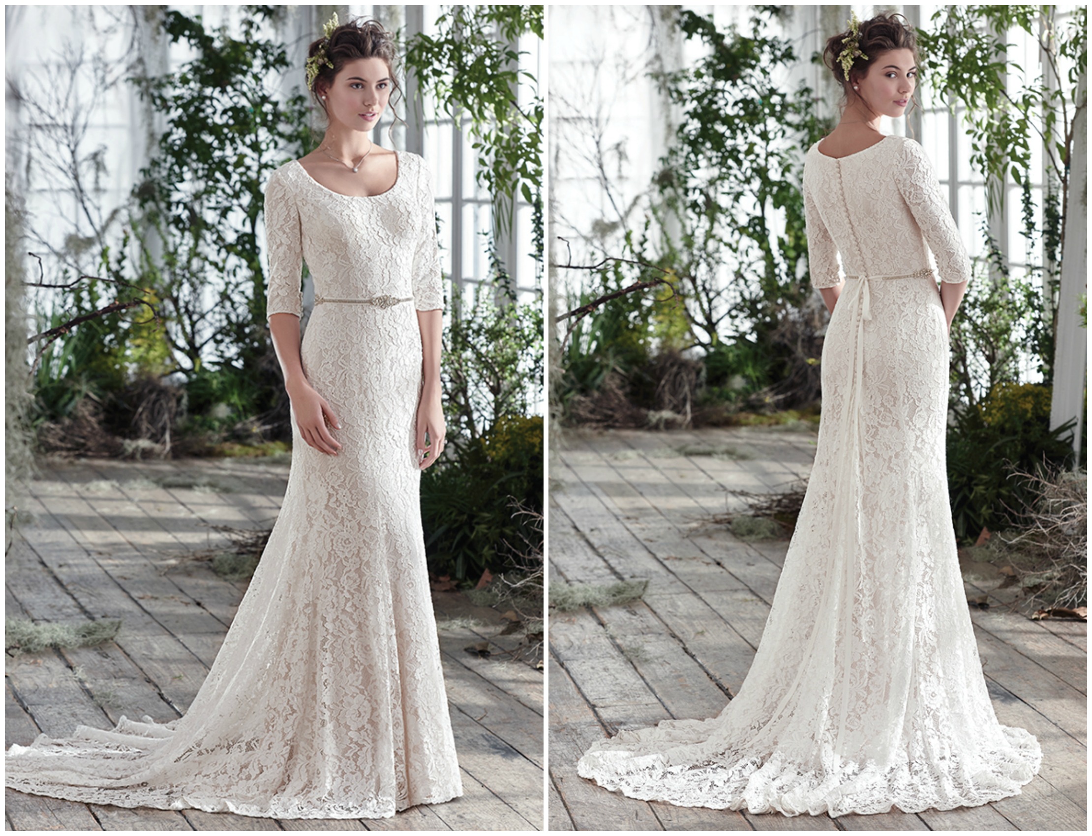 Feminine yet simply elegant, this unembellished lace fit and flare wedding dress over Inessa jersey, with three-quarter sleeves and scoop neckline, puts emphasis on refined lightness. Finished with covered buttons over zipper closure. Detachable beaded belt sold separately. 

<a href="https://www.maggiesottero.com/maggie-sottero/fairchild/9774" target="_blank">Maggie Sottero</a>