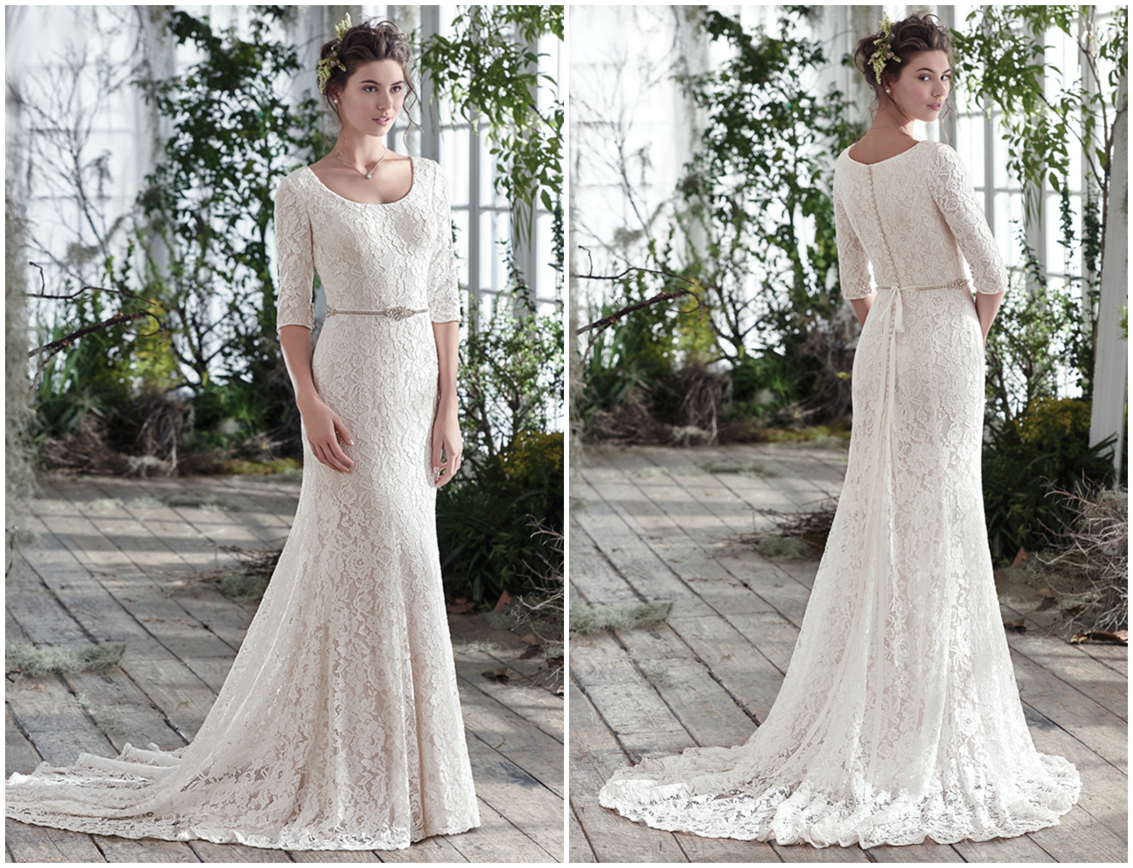 Feminine yet simply elegant, this unembellished lace fit and flare wedding dress over Inessa jersey, with three-quarter sleeves and scoop neckline, puts emphasis on refined lightness. Finished with covered buttons over zipper closure. Detachable beaded belt sold separately.
<a href="https://www.maggiesottero.com/maggie-sottero/fairchild/9774" target="_blank">Maggie Sottero</a>