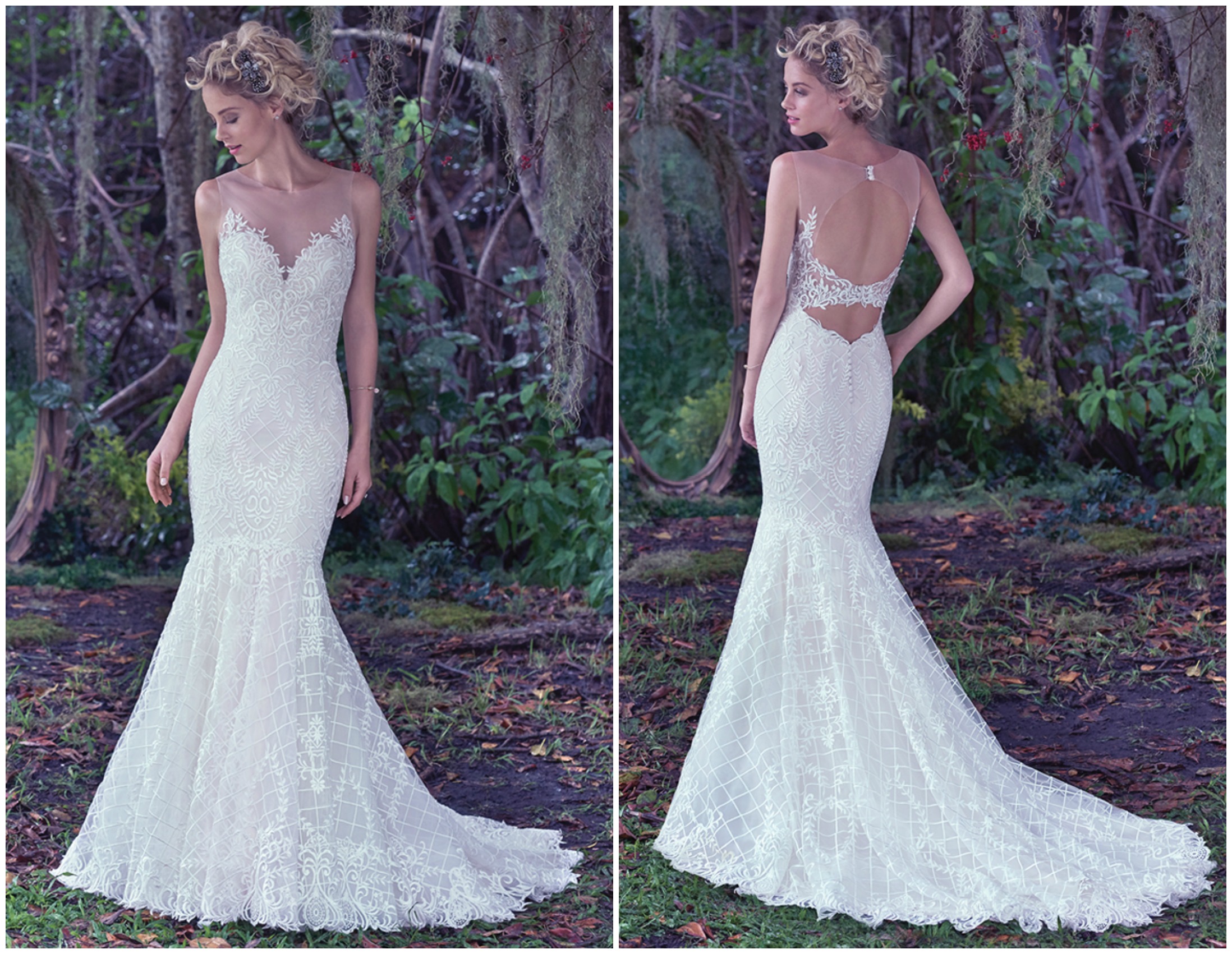 An intricate lattice lace with a double keyhole back and illusion tulle neckline adds a modern twist to this classic fit and flare wedding dress. Finished with covered buttons over zipper closure. 

<a href="https://www.maggiesottero.com/maggie-sottero/analeigh/9728" target="_blank">Maggie Sottero</a>