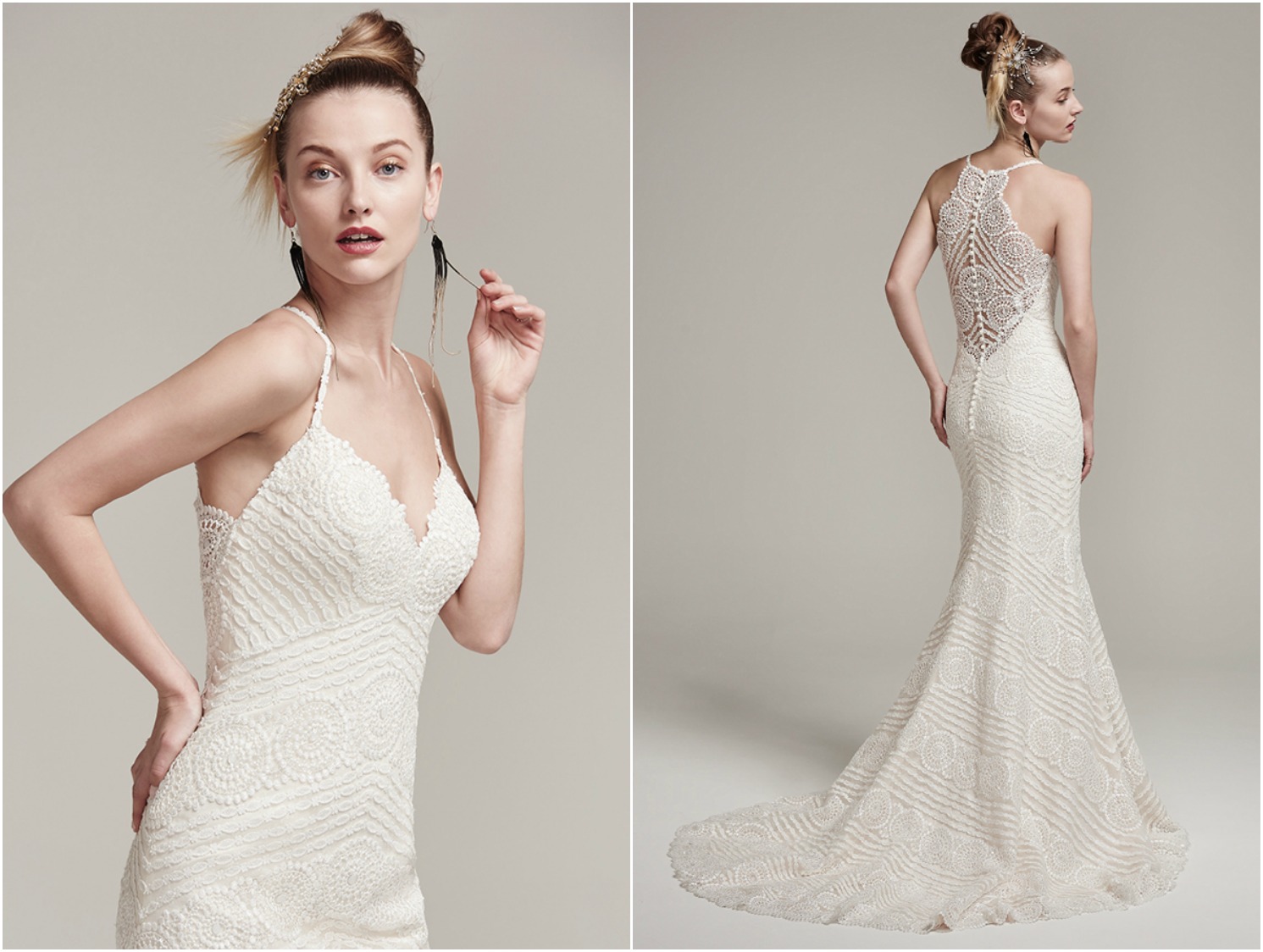 Modern and romantic, this lace sheath wedding dress with spaghetti straps and V-neckline highlighted with opal beads is unforgettably feminine and chic. Finished with illusion lace halter back and covered buttons over zipper closure.
<a href="https://www.maggiesottero.com/sottero-and-midgley/bexley/9847" target="_blank">Sottero & Midgley</a>