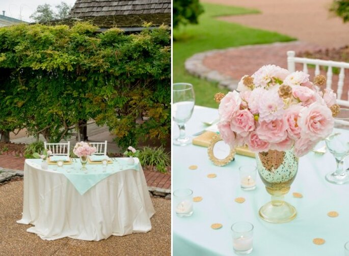 Romántica decoración de boda en colores menta, rosa y dorado - Foto Twila's Photography