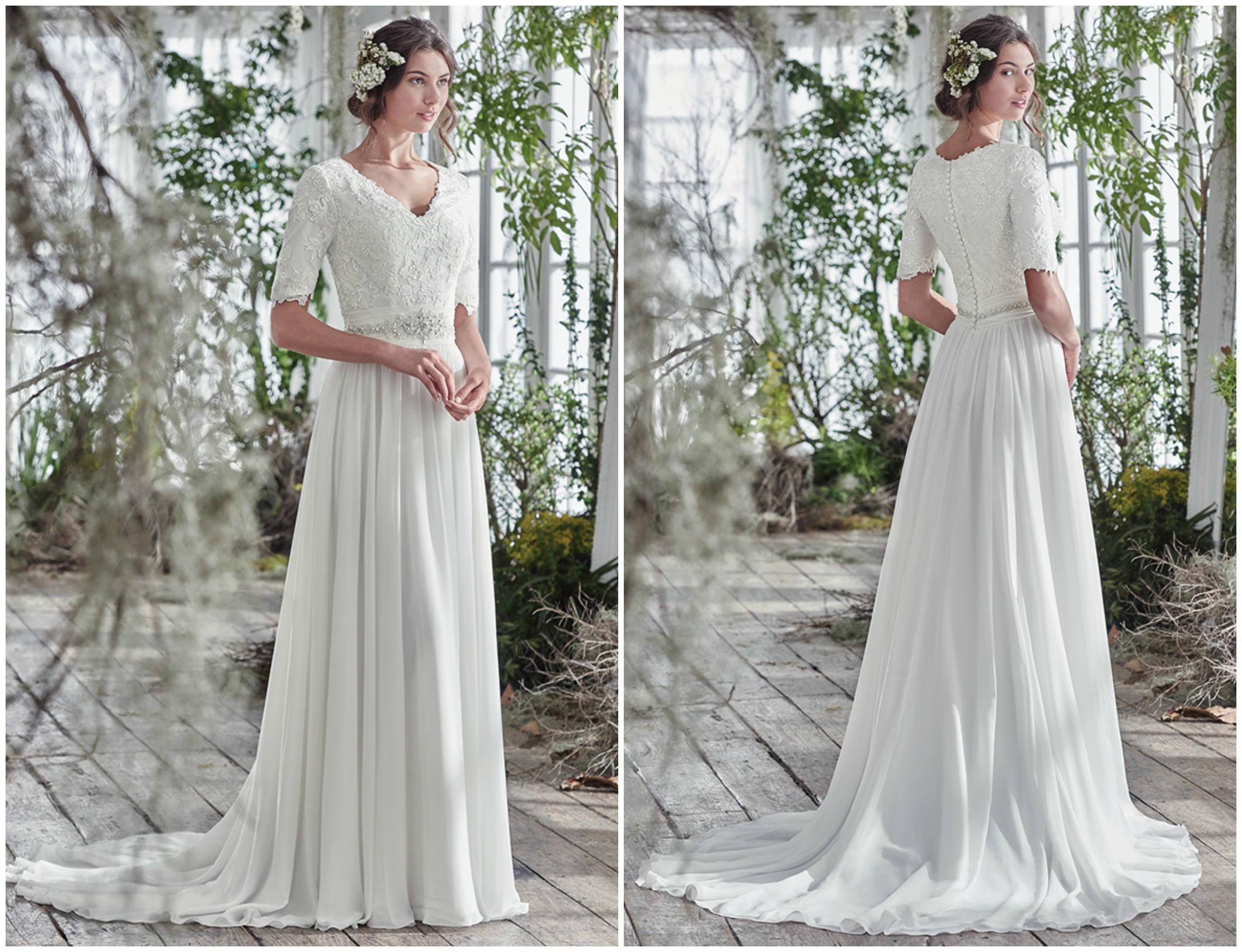 Sophisticated with a touch of whimsy, this elegant A-line wedding dress offers a lace bodice, intricately beaded belt at the waist, and an ethereally lightweight Aurora chiffon skirt. Finished with a soft V-neckline, half length sleeve, and covered buttons over zipper and inner elastic closure.
<a href="https://www.maggiesottero.com/maggie-sottero/lyliette/9772" target="_blank">Maggie Sottero</a>
