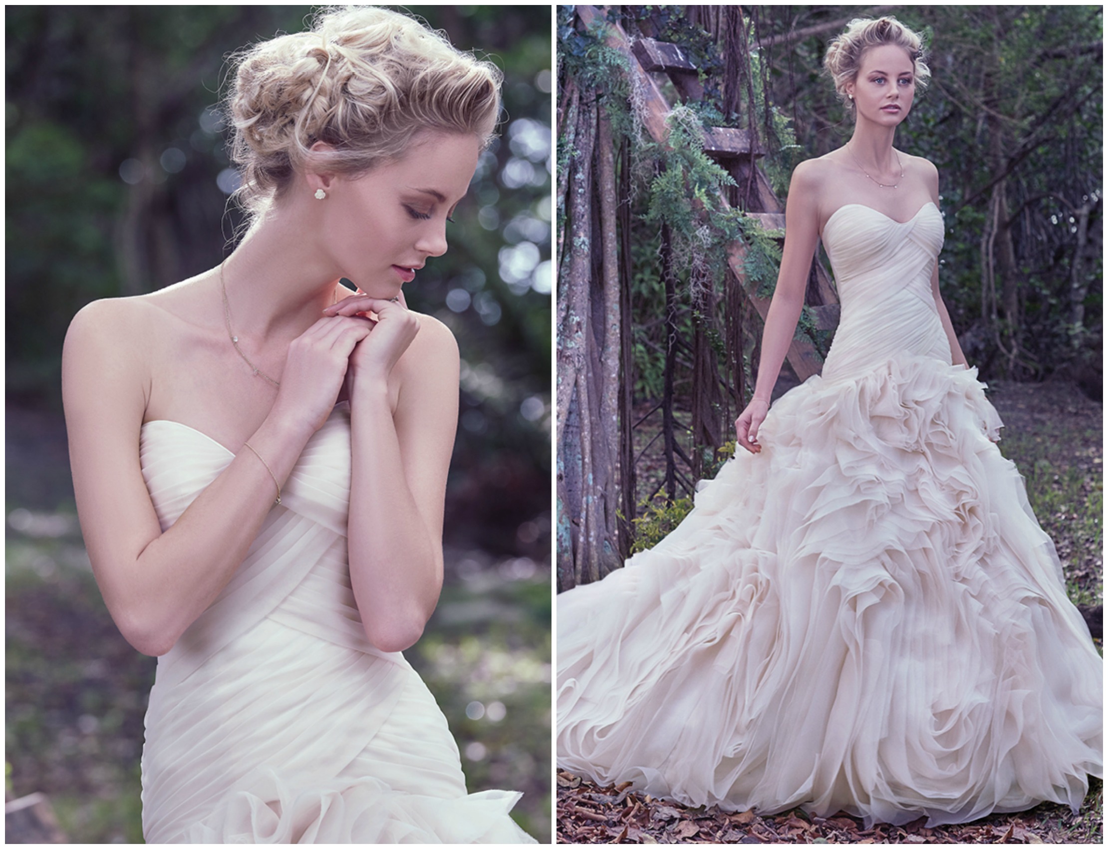 An asymmetrically pleated bodice provides a slim fit through the hips before meeting the grand, swirling tulle and Vincenza organza skirt of this wedding gown. Finished with a soft scoop neckline and covered buttons over zipper and inner elastic closure.
<a href="https://www.maggiesottero.com/maggie-sottero/penny/9754" target="_blank">Maggie Sottero</a>